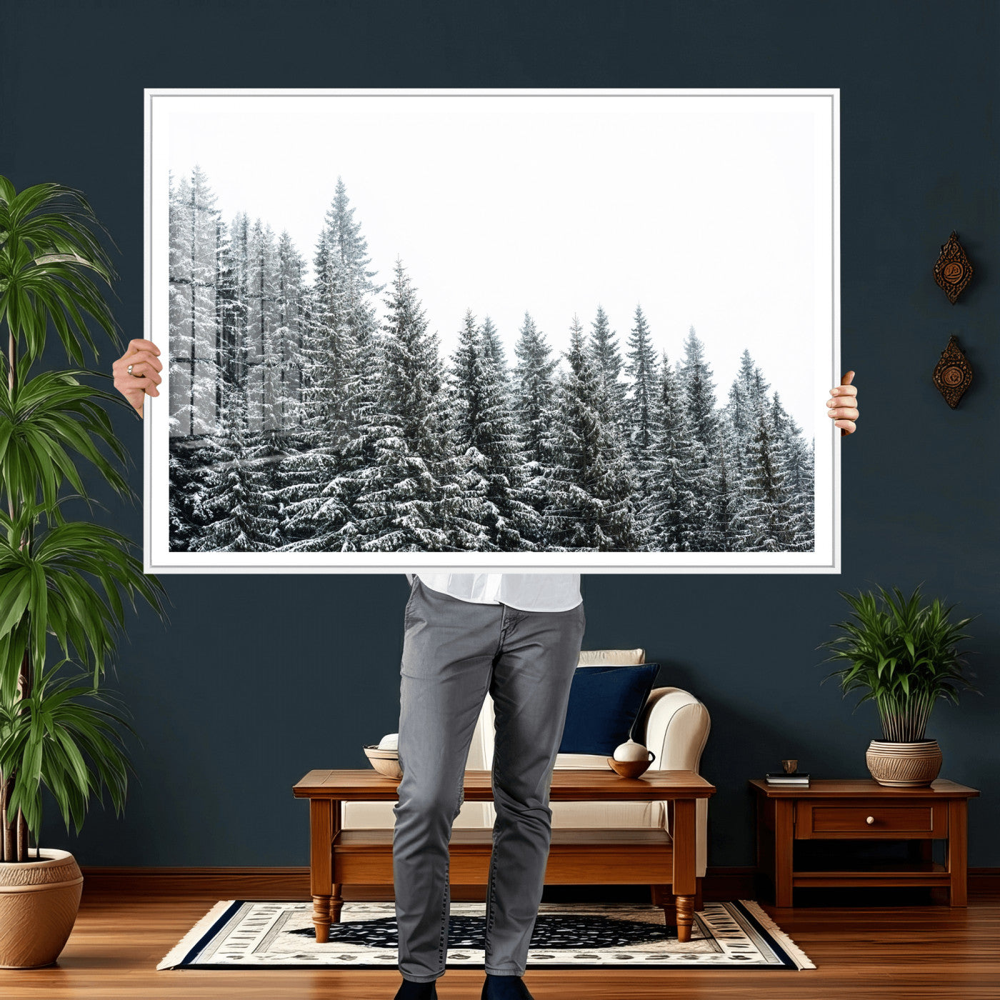 69566941-MGV-CV-36X24 - Misty Mountain Forest Canvas Print, Foggy Pine Trees Nature Wall Art, Framed Canvas Ready to Hang