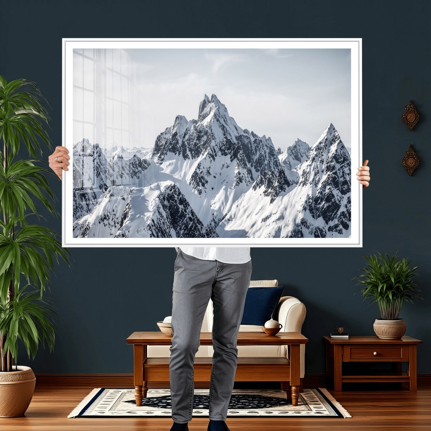 33126265-MGV-CV-36X24 - Snowy Mountain Range Canvas Print, Alpine Peaks Landscape Wall Art, Framed Canvas Ready to Hang