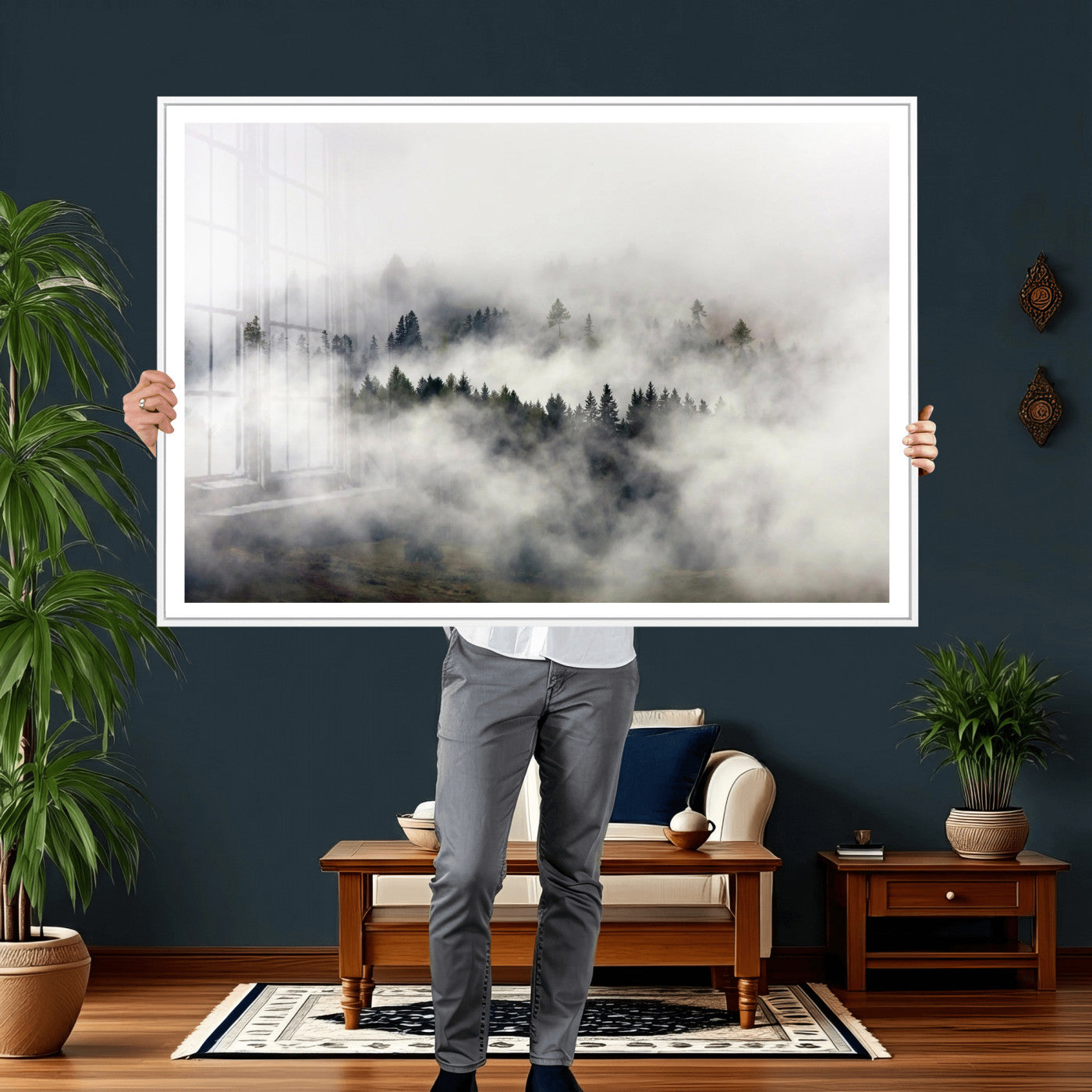 63235457-MGV-CV-36X24 - Foggy Forest Wall Art Canvas Print, Misty Pine Tree Landscape Wall Art Print, Framed Wall Art Ready to Hang