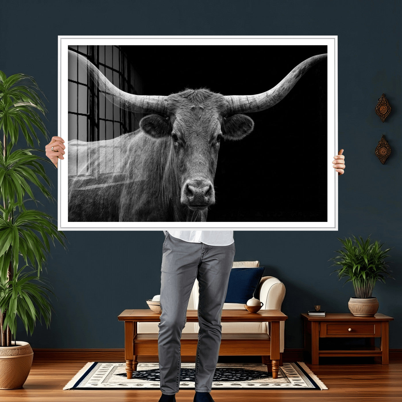 32601430-MGV-CV-36X24 - Texas Longhorn Bull Wall Art Canvas Print, Cow Portrait Photography, Framed Wall Art Ready to Hang