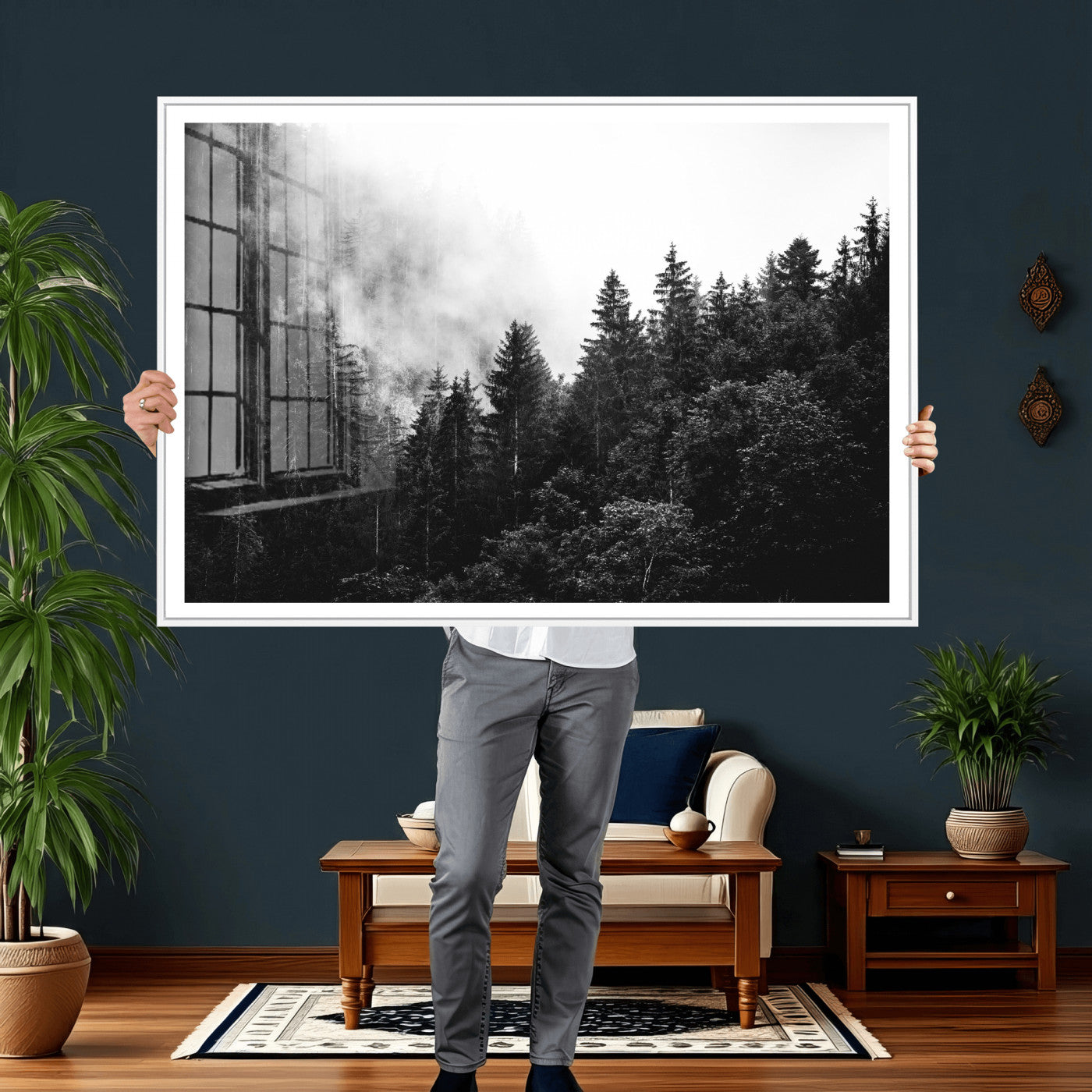 98764151-MGV-CV-36X24 - Black and White Forest Wall Art Canvas Print, Misty Pine Tree Landscape Photography, Framed Wall Art Ready to Hang