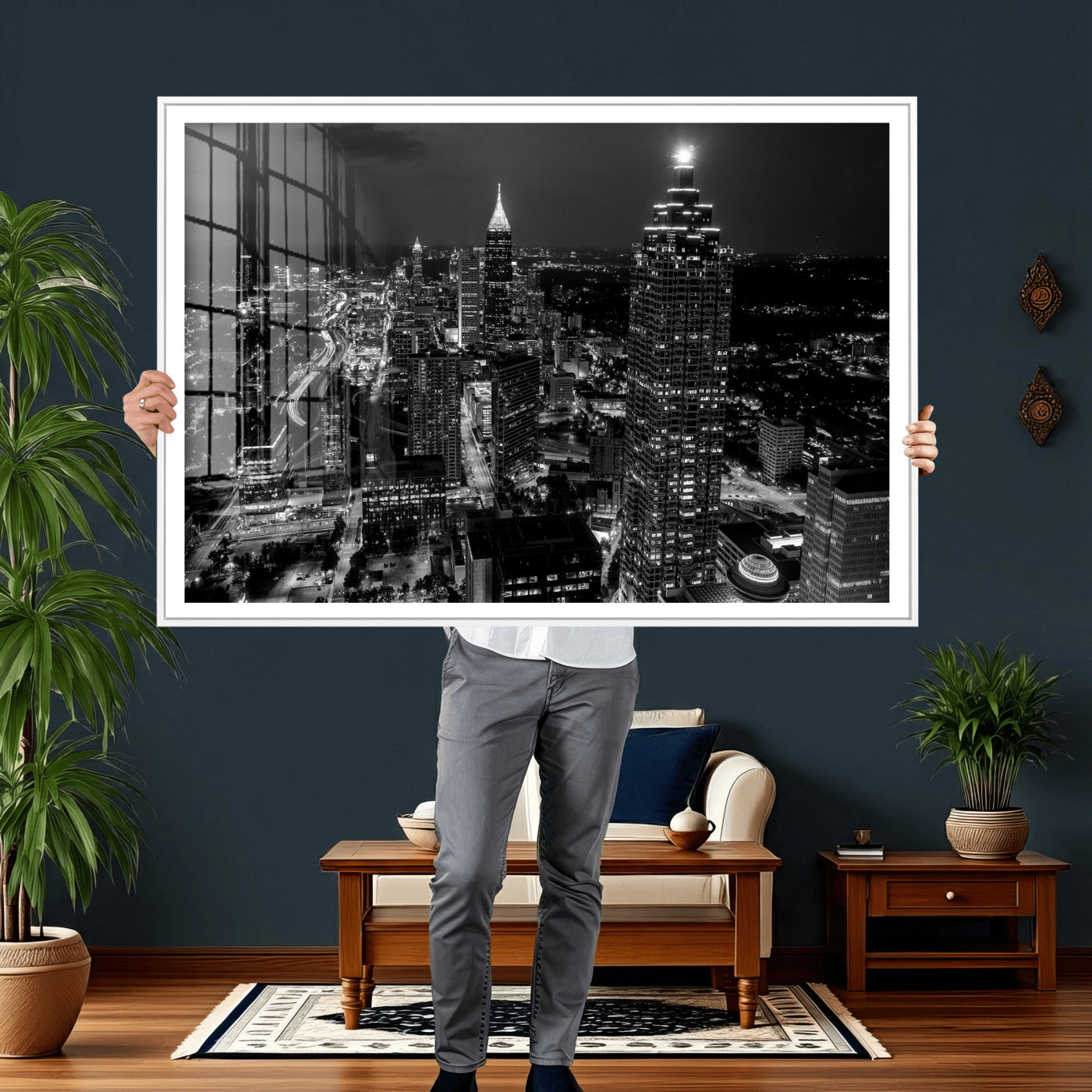 56773510-MGV-CV-36X24 - Atlanta Skyline Wall Art Canvas Print, Atlanta Downtown Night Cityscape Print for Modern Urban Wall Decor