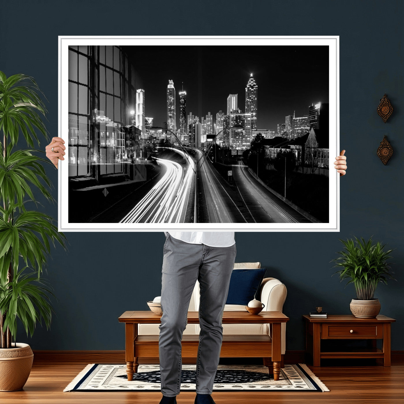 80330064-MGV-CV-36X24 - Atlanta Skyline Wall Art Canvas Print, Atlanta Downtown Night Cityscape Print for Modern Urban Wall Decor