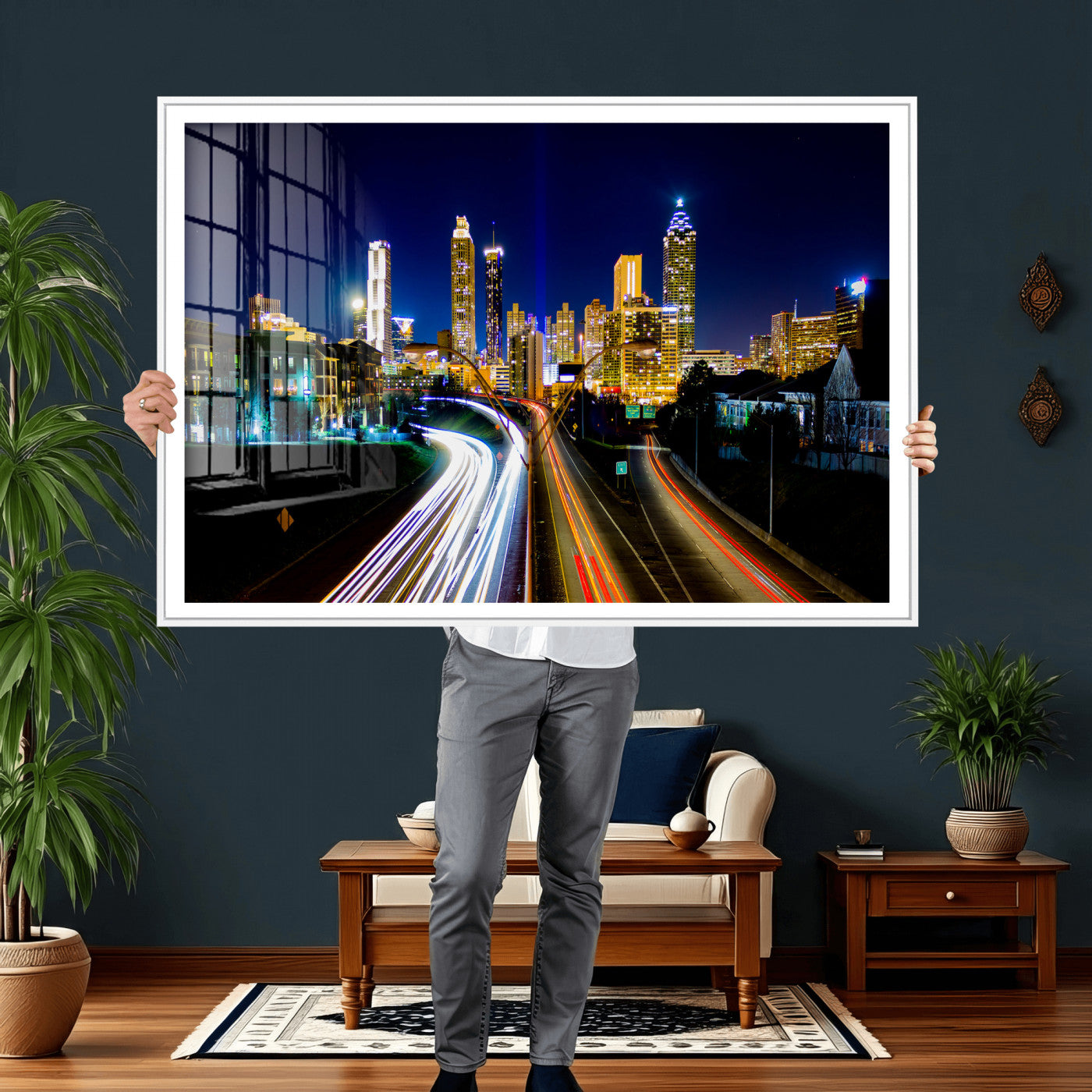 12967464-MGV-CV-36X24 - Atlanta Skyline Wall Art Canvas Print, Atlanta Downtown Night Cityscape Print for Modern Urban Wall Decor
