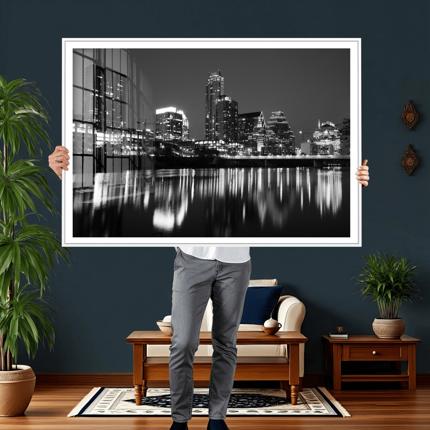 38129554-MGV-CV-36X24 - Austin Skyline Wall Art Canvas Print, Austin Downtown Night Cityscape Print for Modern Urban Wall Decor