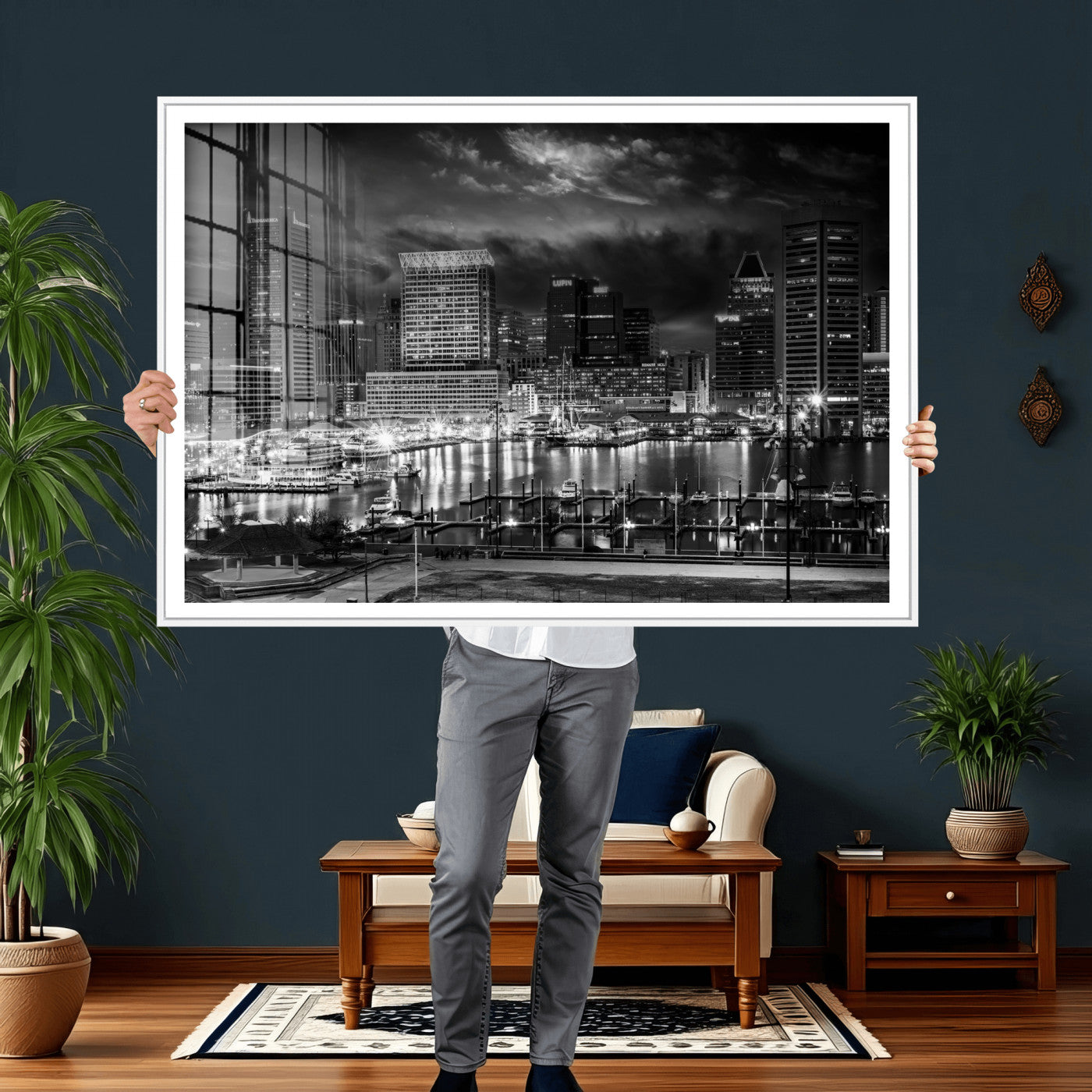 79755655-MGV-CV-36X24 - Baltimore Skyline Wall Art Canvas Print, Baltimore Downtown Night Cityscape Print for Modern Urban Wall Decor