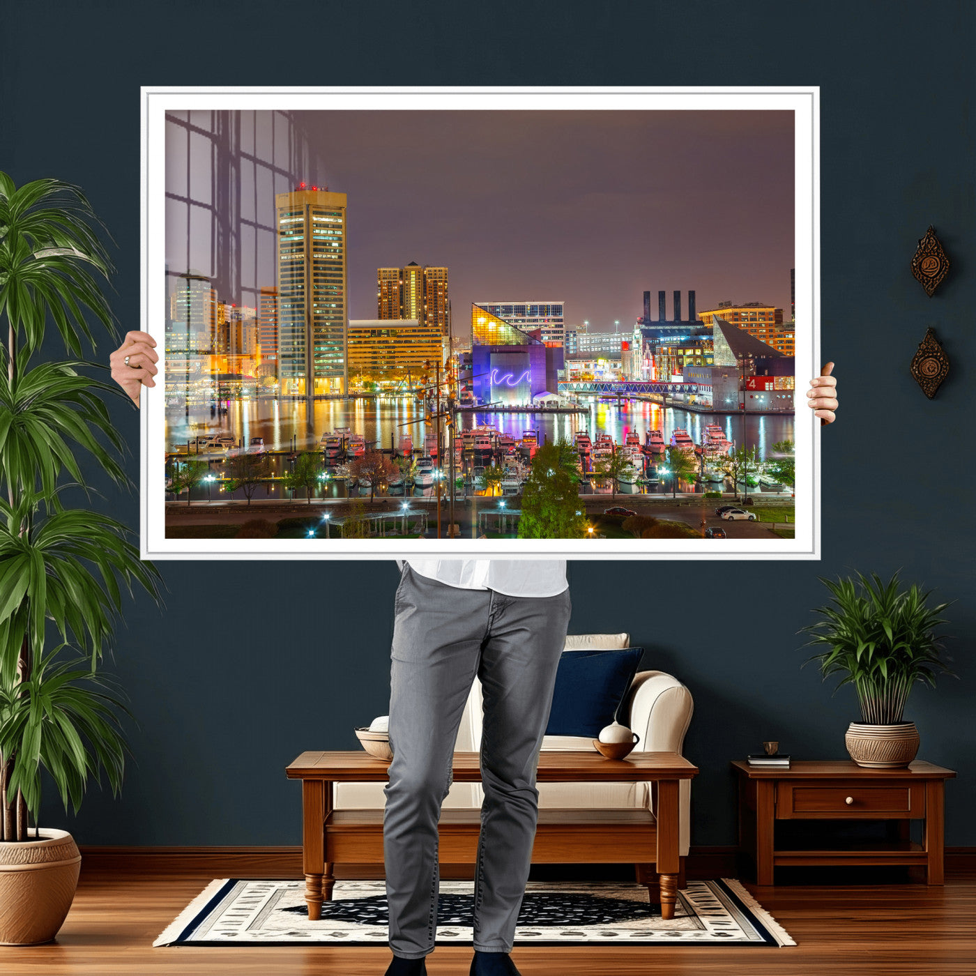 42654823-MGV-CV-36X24 - Baltimore Skyline Wall Art Canvas Print, Baltimore Downtown Night Cityscape Print for Modern Urban Wall Decor