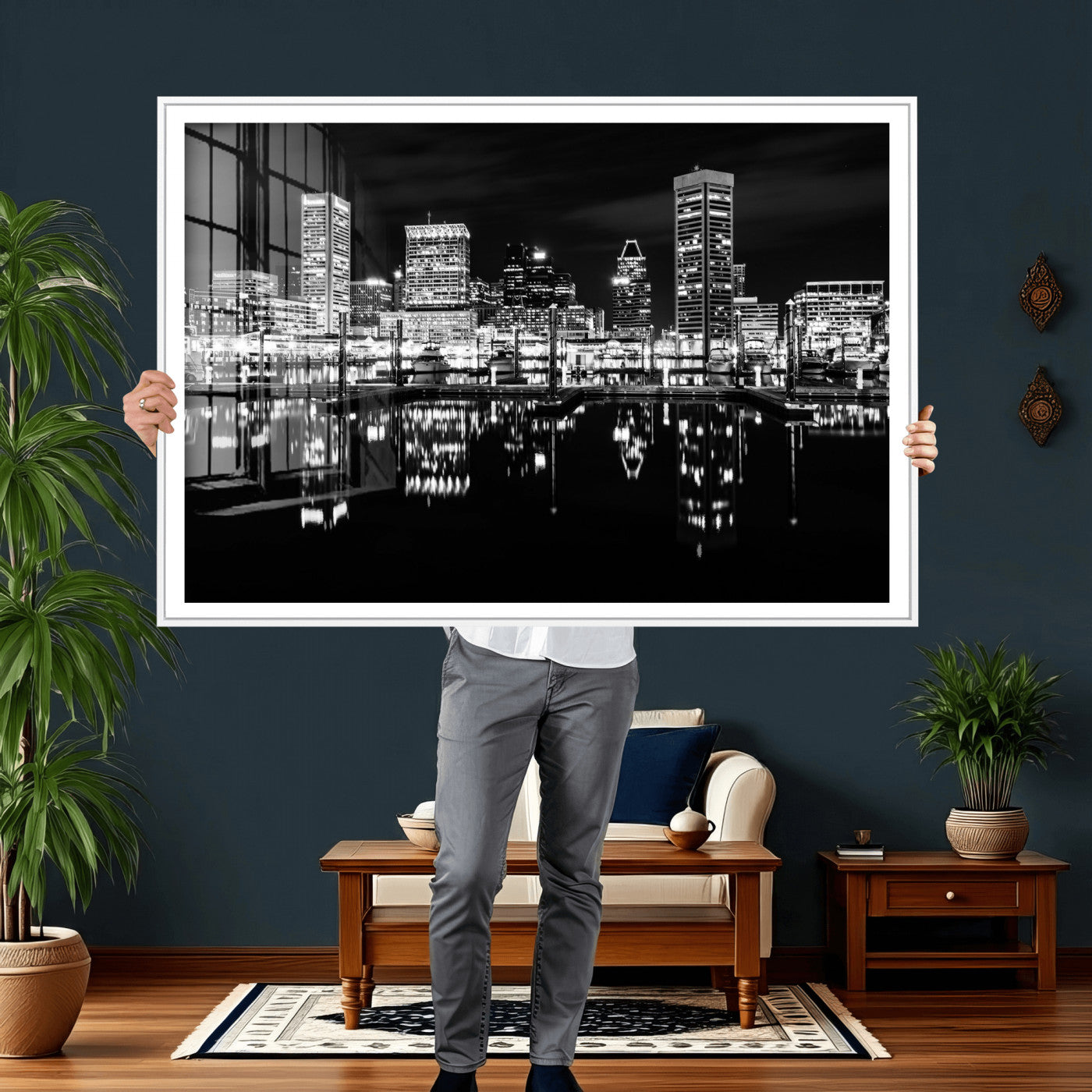 69187681-MGV-CV-36X24 - Baltimore Skyline Wall Art Canvas Print, Baltimore Downtown Night Cityscape Print for Modern Urban Wall Decor