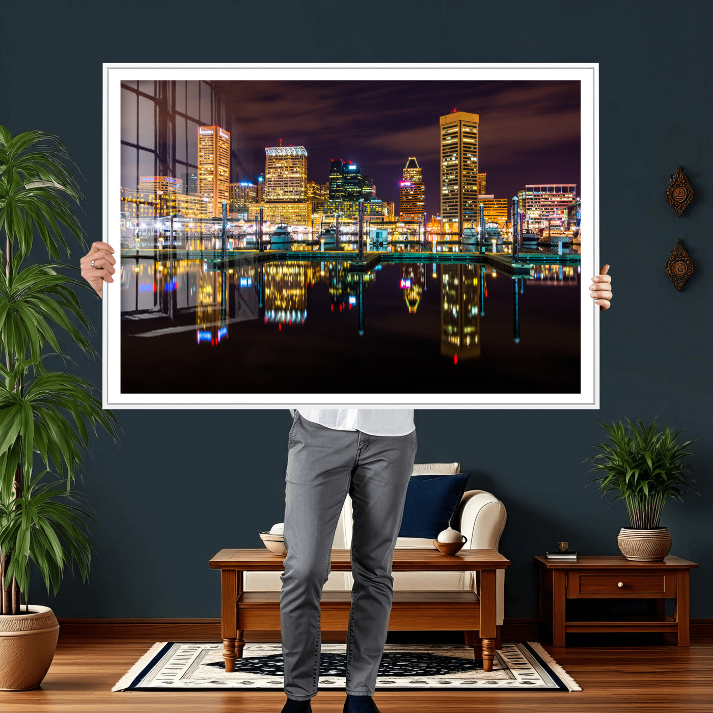 38201692-MGV-CV-36X24 - Baltimore Skyline Wall Art Canvas Print, Baltimore Downtown Night Cityscape Print for Modern Urban Wall Decor