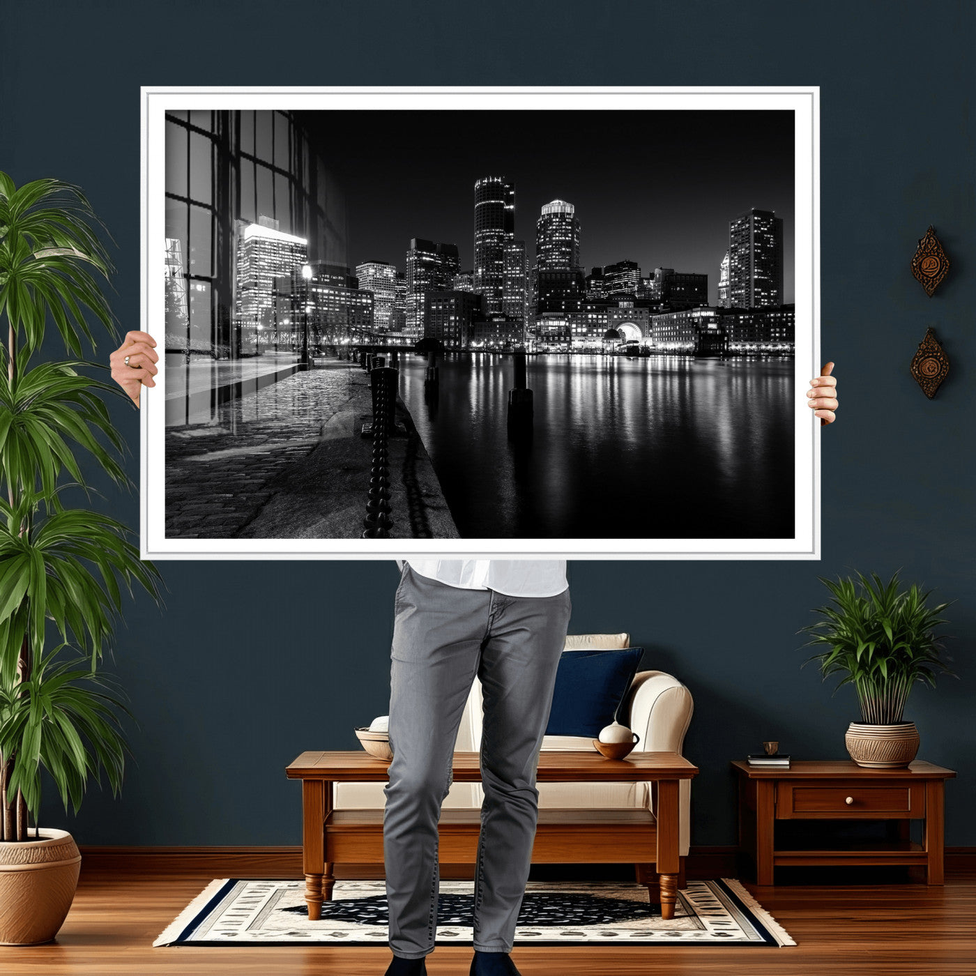 53082656-MGV-CV-36X24 - Boston Wall Art Canvas Print, Boston City Downtown Night Cityscape Print for Modern Urban Wall Decor