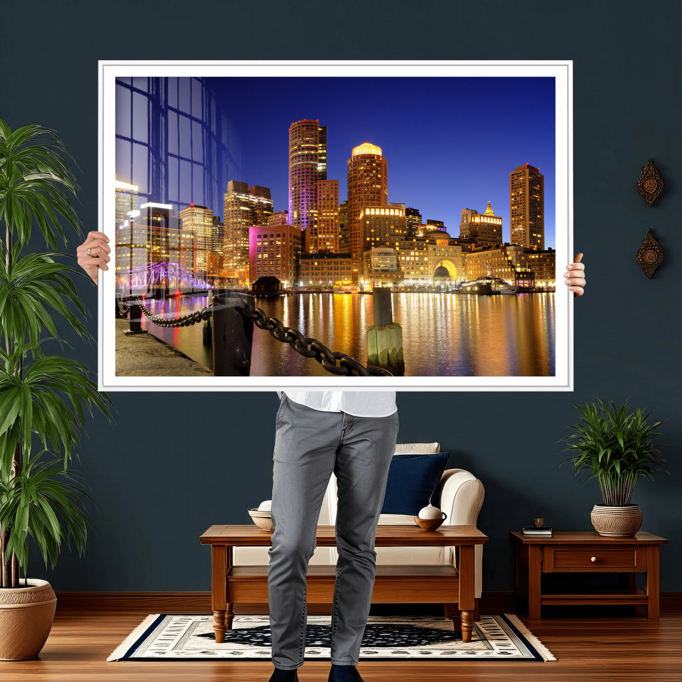56611117-MGV-CV-36X24 - Boston Wall Art Canvas Print, Boston City Downtown Night Cityscape Print for Modern Urban Wall Decor
