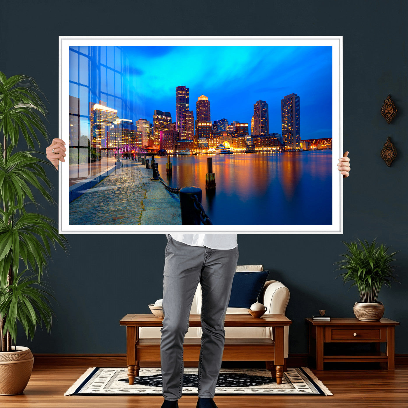 69619565-MGV-CV-36X24 - Boston Wall Art Canvas Print, Boston City Downtown Night Cityscape Print for Modern Urban Wall Decor