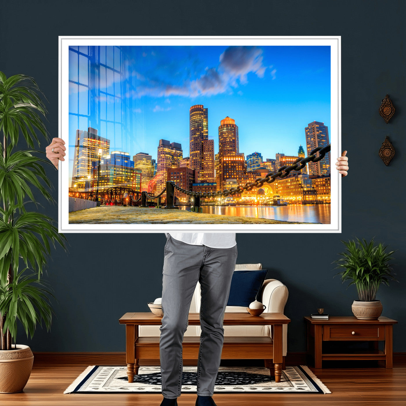 46736409-MGV-CV-36X24 - Boston Wall Art Canvas Print, Boston City Downtown Night Cityscape Print for Modern Urban Wall Decor