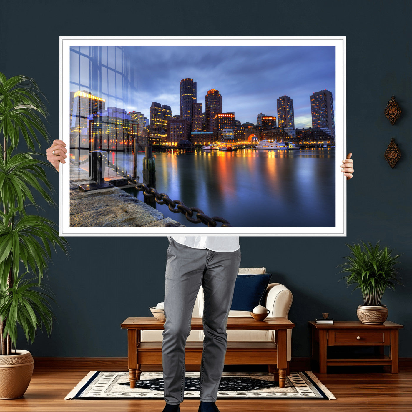 82439622-MGV-CV-36X24 - Boston Wall Art Canvas Print, Boston City Downtown Night Cityscape Print for Modern Urban Wall Decor