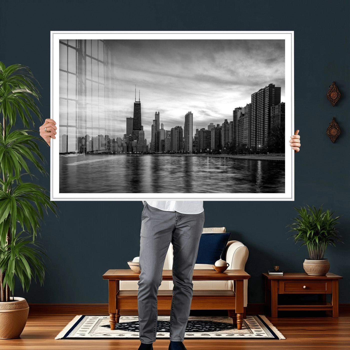 74552581-MGV-CV-36X24 - Chicago Wall Art Canvas Print, Chicago City Downtown Night Cityscape Print for Modern Urban Wall Decor