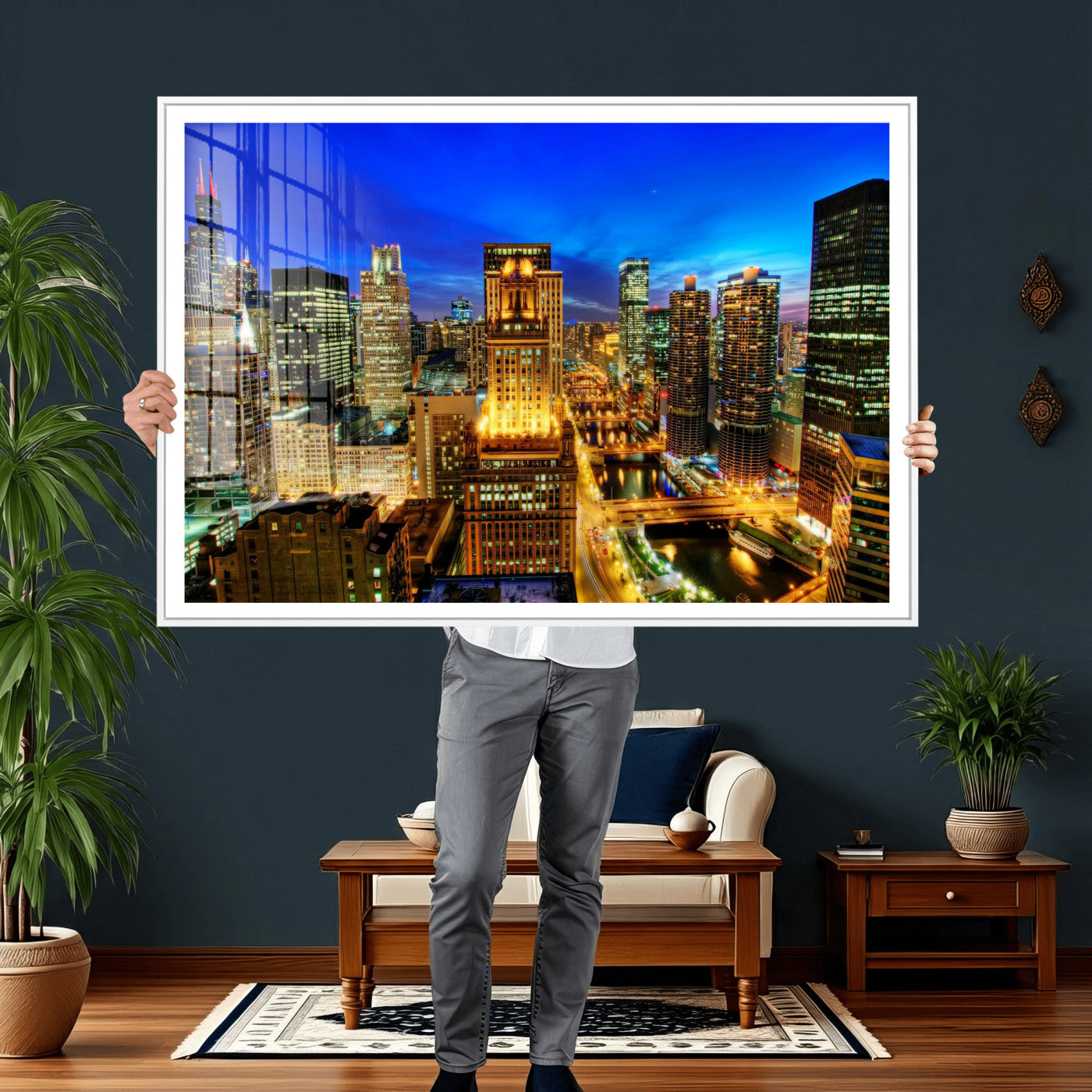 46298885-MGV-CV-36X24 - Chicago Wall Art Canvas Print, Chicago City Downtown Night Cityscape Print for Modern Urban Wall Decor