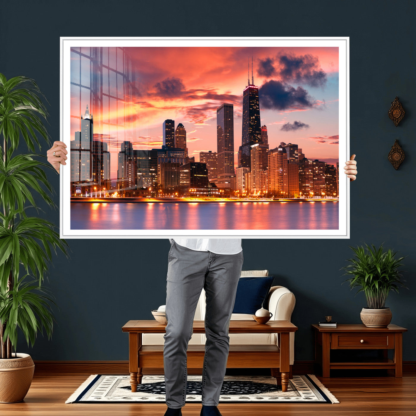 80390109-MGV-CV-36X24 - Chicago Wall Art Canvas Print, Chicago City Downtown Night Cityscape Print for Modern Urban Wall Decor