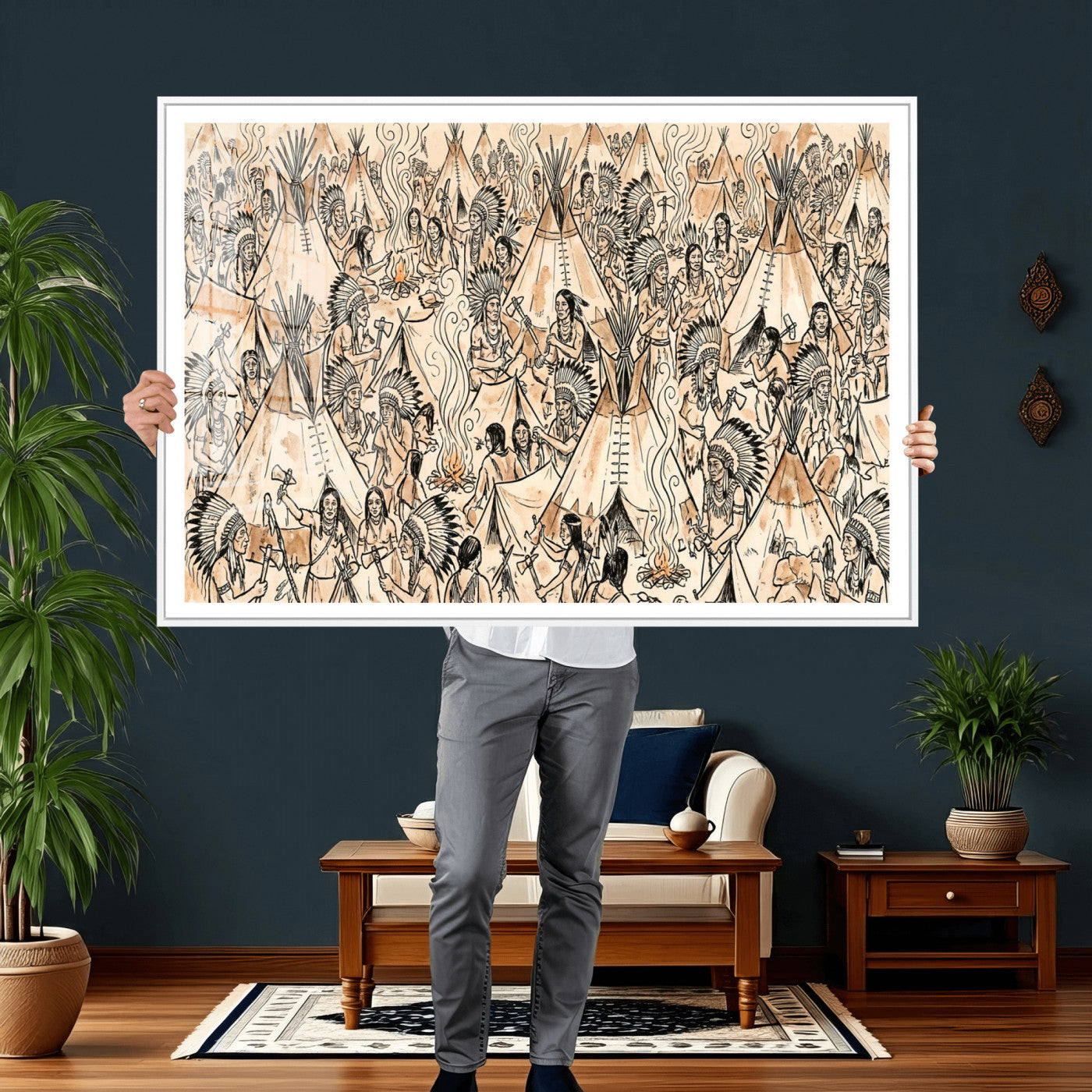 72739176-MGV-CV-36X24 - Farmhouse Animals Wall Art Canvas Print - Abstract Farm Animal Drawing Mid-Century Wall Art for Cabin Decor