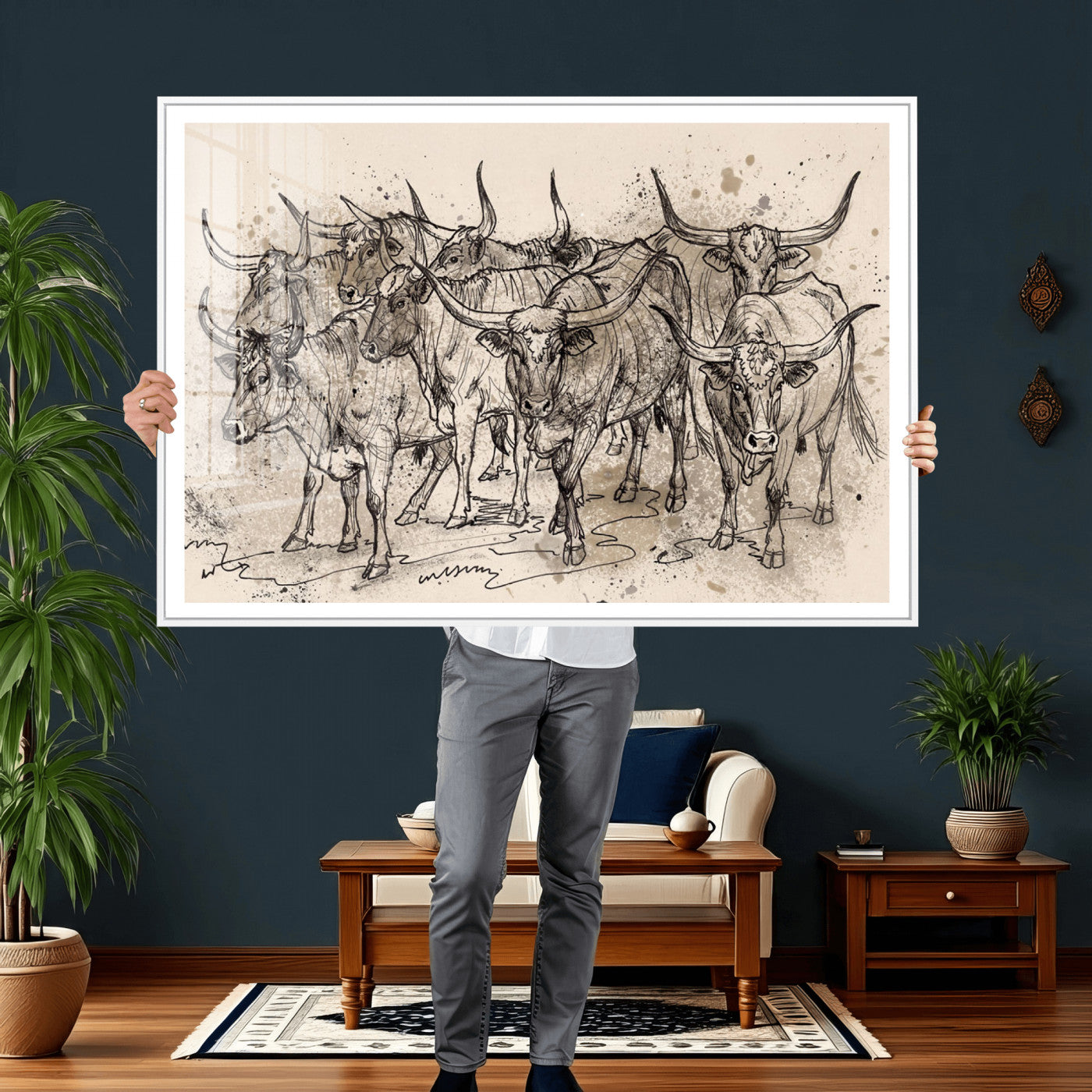 74232558-MGV-CV-36X24 - Farmhouse Animals Wall Art Canvas Print - Abstract Farm Animal Drawing Mid-Century Wall Art for Cabin Decor