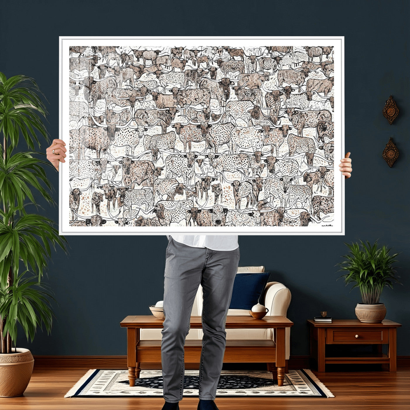 49200255-MGV-CV-36X24 - Farmhouse Animals Wall Art Canvas Print - Abstract Farm Animal Drawing Mid-Century Wall Art for Cabin Decor