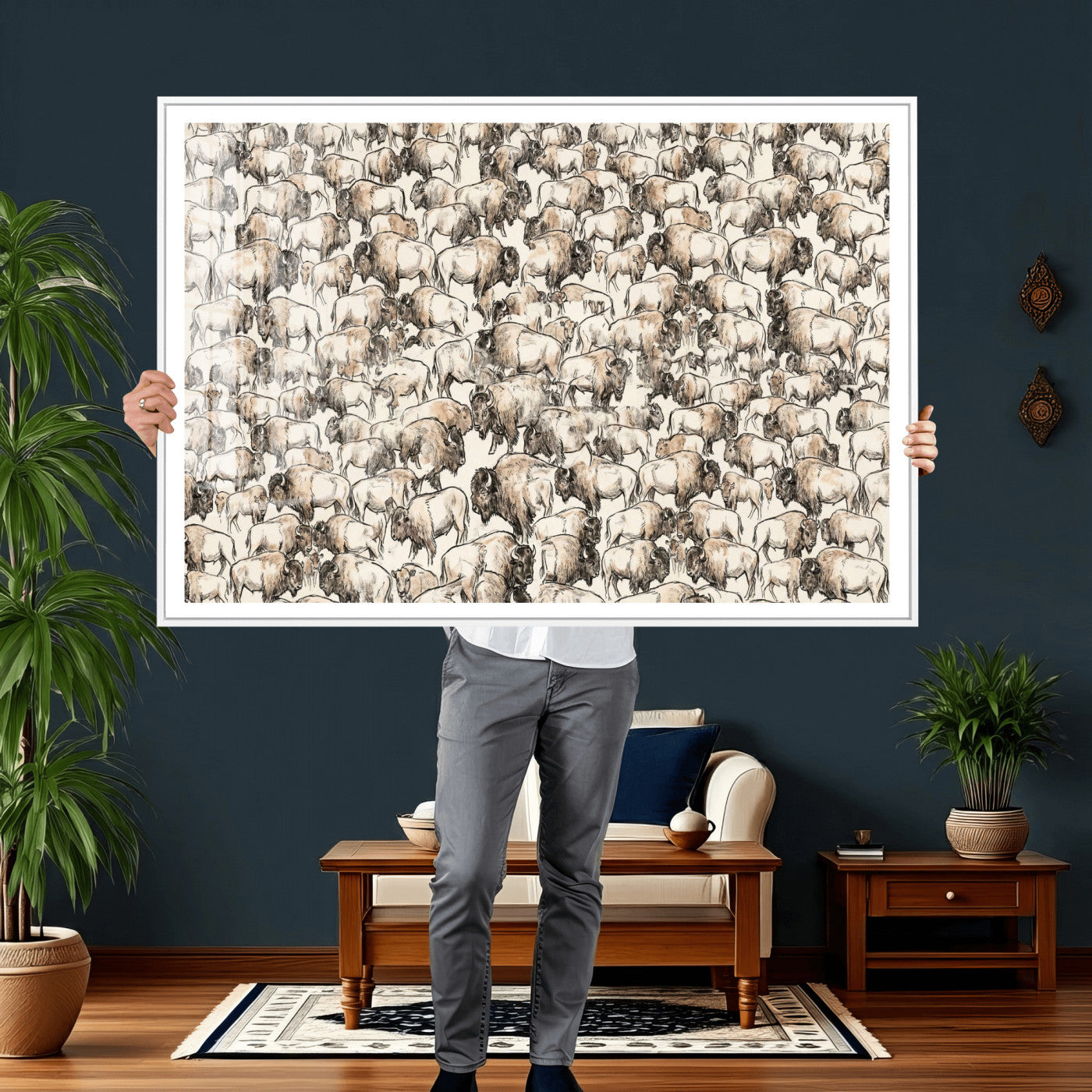 77502929-MGV-CV-36X24 - Farmhouse Animals Wall Art Canvas Print - Abstract Farm Animal Drawing Mid-Century Wall Art for Cabin Decor