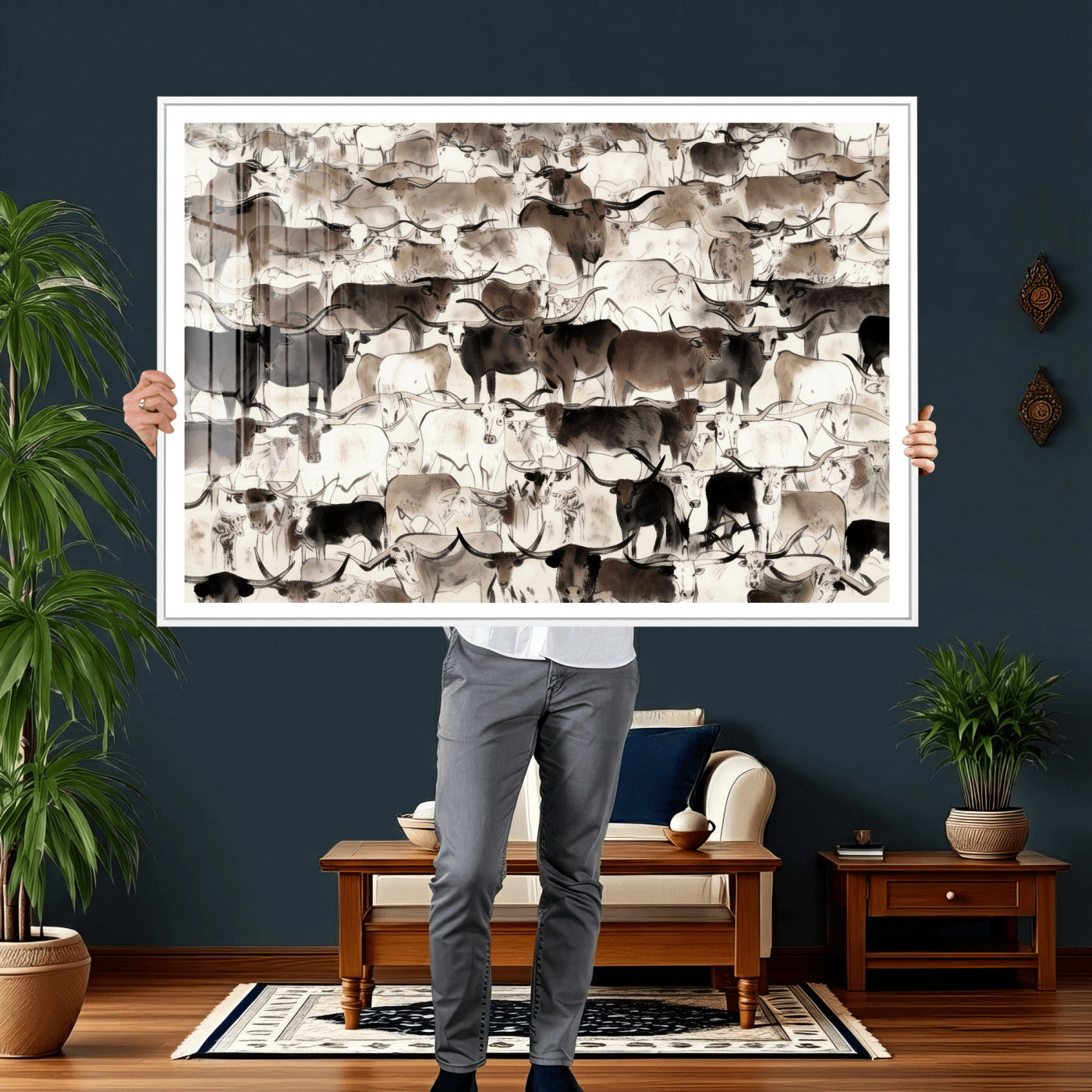 46084312-MGV-CV-36X24 - Farmhouse Animals Wall Art Canvas Print - Abstract Farm Animal Drawing Mid-Century Wall Art for Cabin Decor