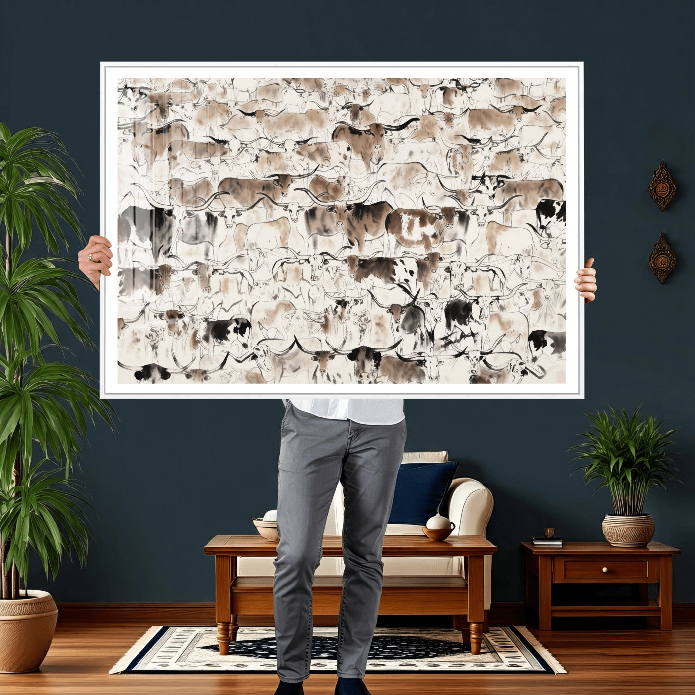 66685375-MGV-CV-36X24 - Farmhouse Animals Wall Art Canvas Print - Abstract Farm Animal Drawing Mid-Century Wall Art for Cabin Decor