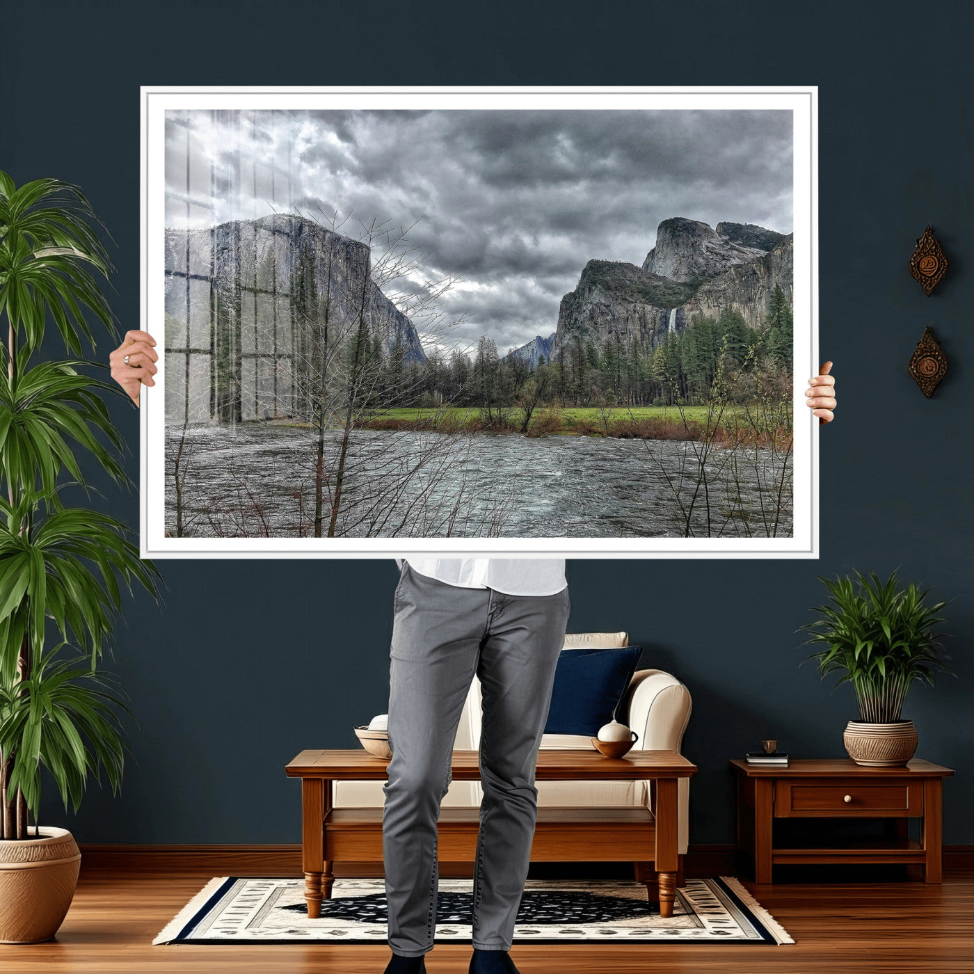 75582552-MGV-CV-36X24 - Yosemite Valley River Landscape Wall Art Canvas Print, Granite Cliffs Forest River Canvas Print, California National Park Moody Scenic Art Printi