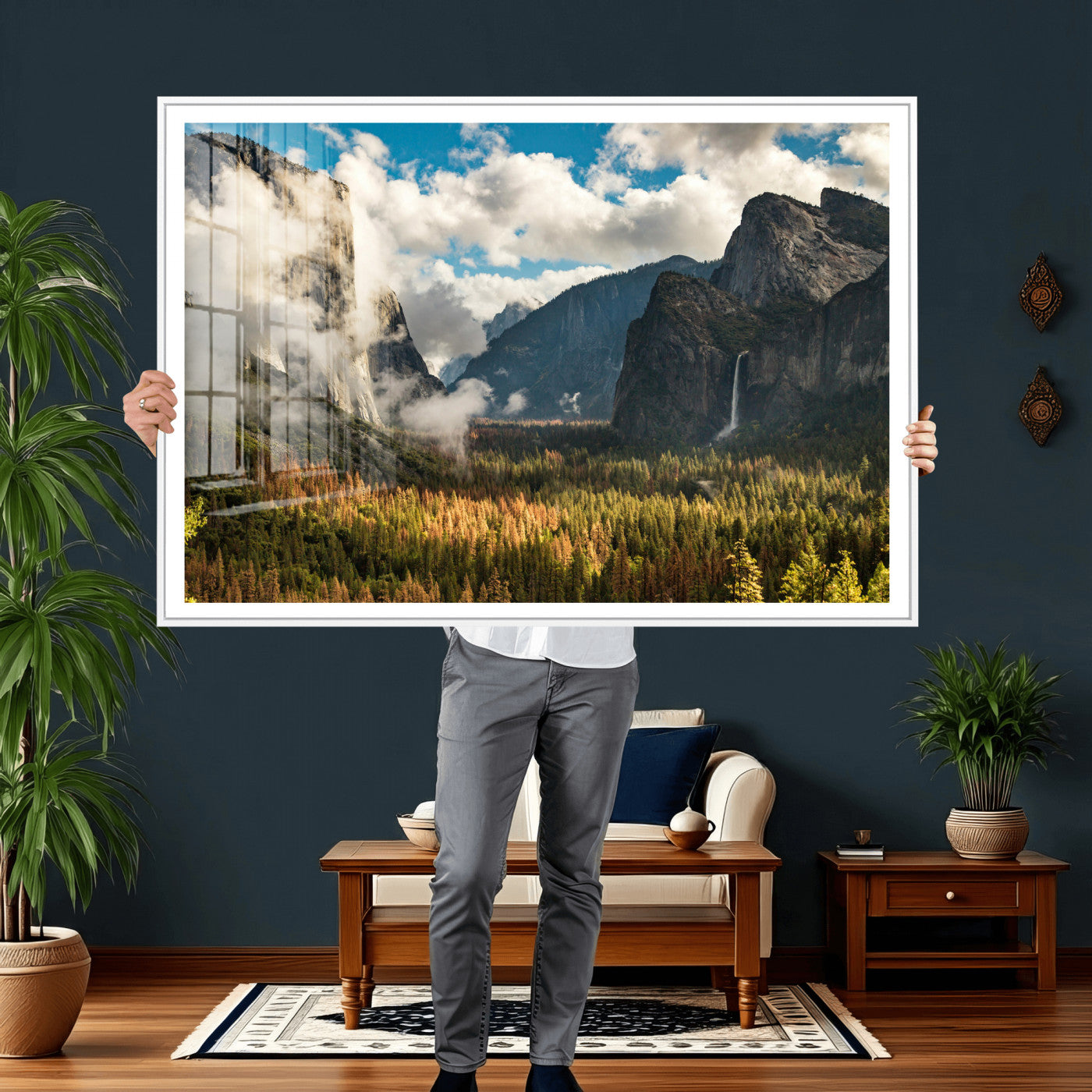 18271001-MGV-CV-36X24 - Yosemite Valley River Landscape Wall Art Canvas Print, Granite Cliffs Forest River Canvas Print, California National Park Moody Scenic Art Printi