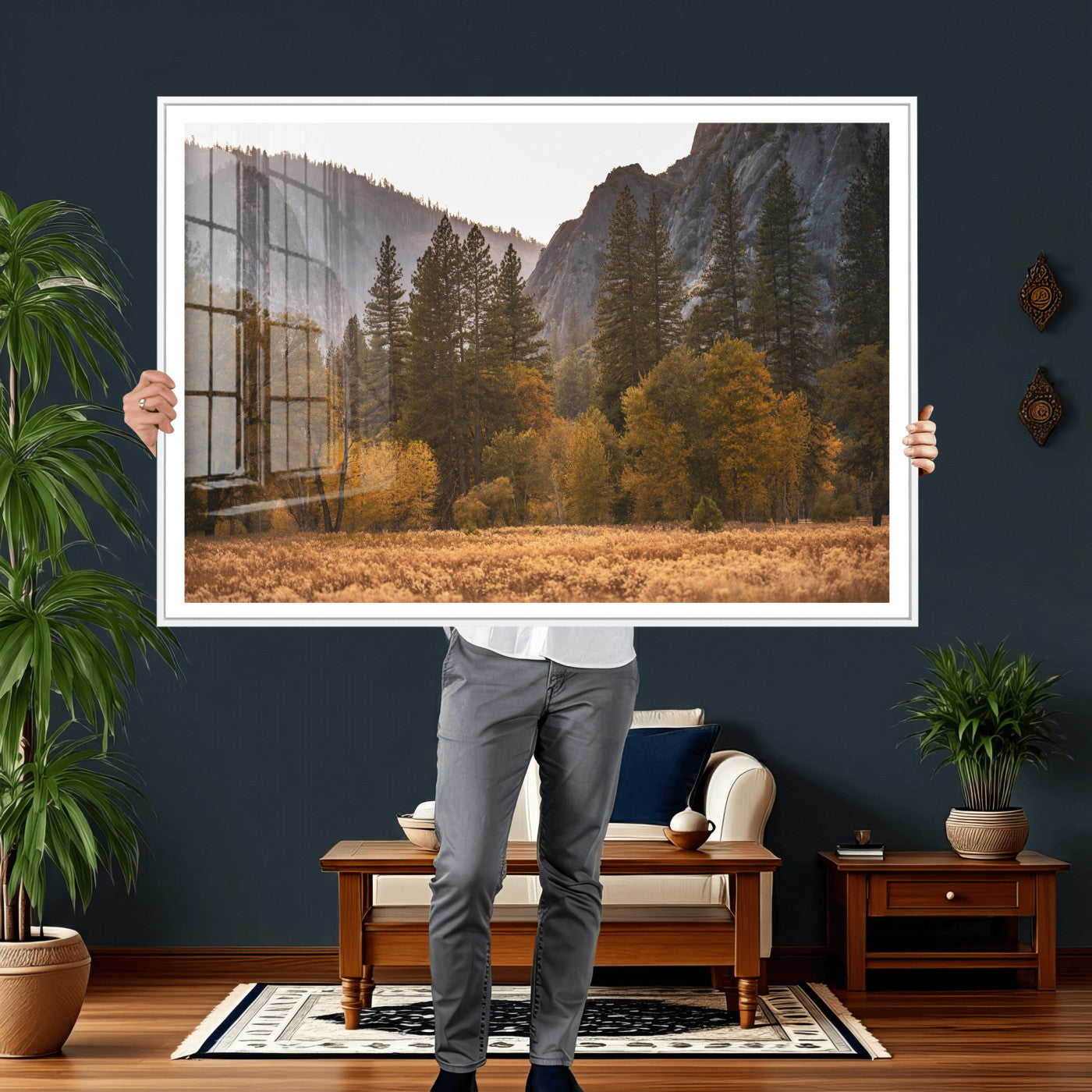 61682763-MGV-CV-36X24 - Yosemite Valley Autumn Forest Landscape Wall Art Canvas Print, Granite Mountain Pine Trees Canvas Print, California National Park Fall Scenic Art Printing