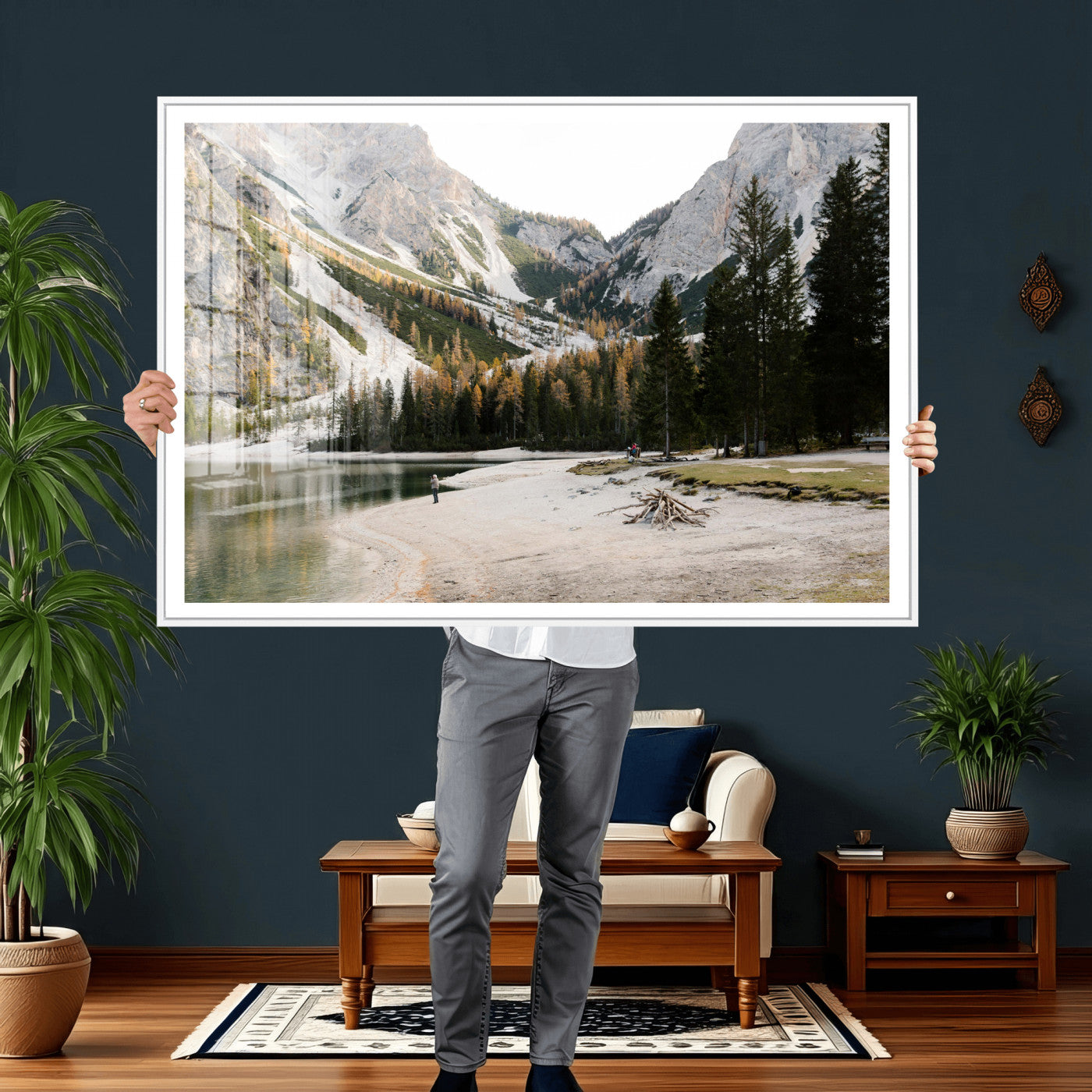 89246758-MGV-CV-36X24 - Lake Braies Alpine Landscape Wall Art Canvas Print, Dolomites Mountain Lake Forest Canvas Print, Italian Alps Scenic Nature Art Printing