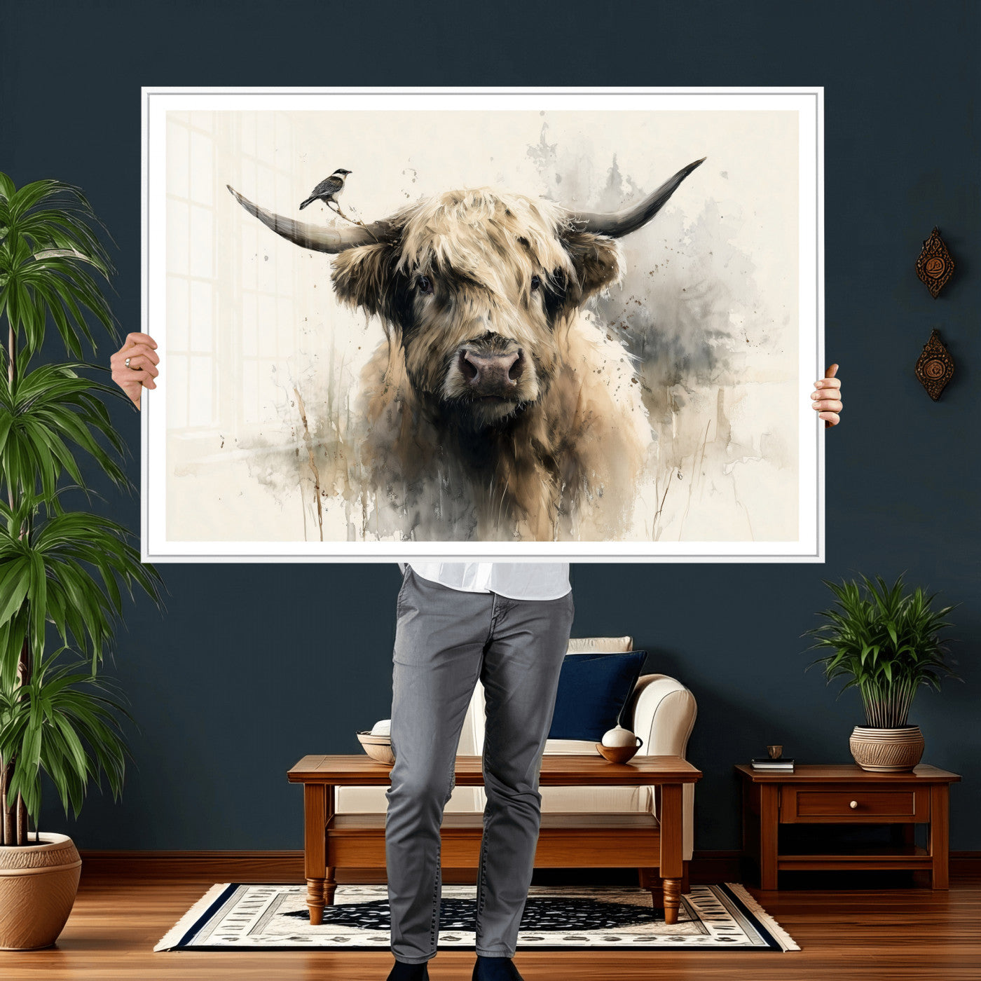 98249290-MGV-CV-36X24 - Abstract Highland Cow Watercolor Animal Wall Art Canvas Print, Rustic Farm Cattle Portrait Canvas Print, Neutral Wildlife Farmhouse Art Printing