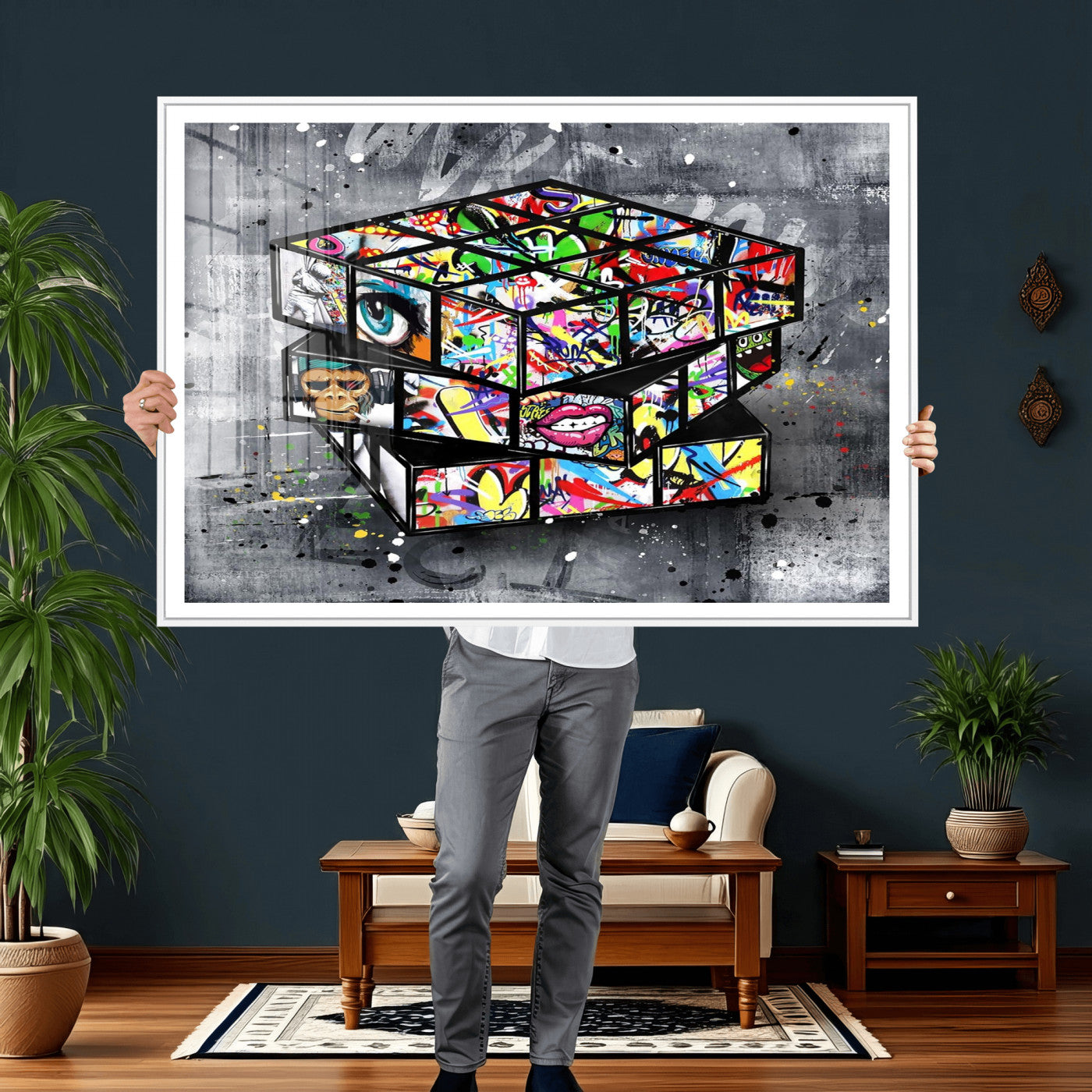 46789556-MGV-CV-36X24 - Graffiti Cube Abstract Street Art Wall Art Canvas Print, Colorful Urban Pop Art Geometric Canvas Print, Modern Street Art Contemporary Art Printing