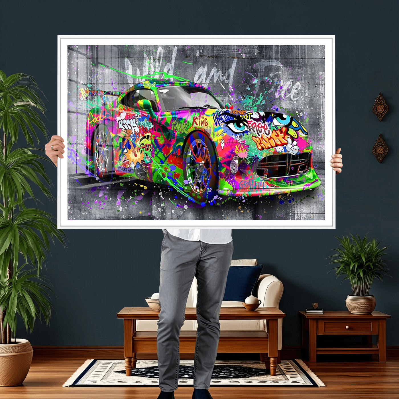 95314968-MGV-CV-36X24 - Graffiti Sports Car Street Art Wall Art Canvas Print, Colorful Urban Supercar Pop Art Canvas Print, Modern Graffiti Car Contemporary Art Printing