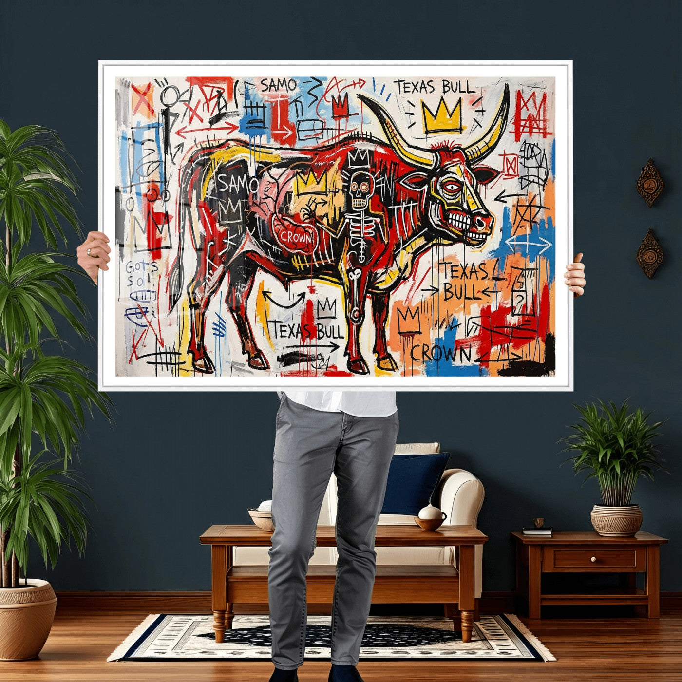 89504579-MGV-CV-36X24 - TITLE: Texas Bull Wall Art Canvas Print, Abstract Graffiti Bull Painting, Western Animal Art, Modern Ranch Decor
