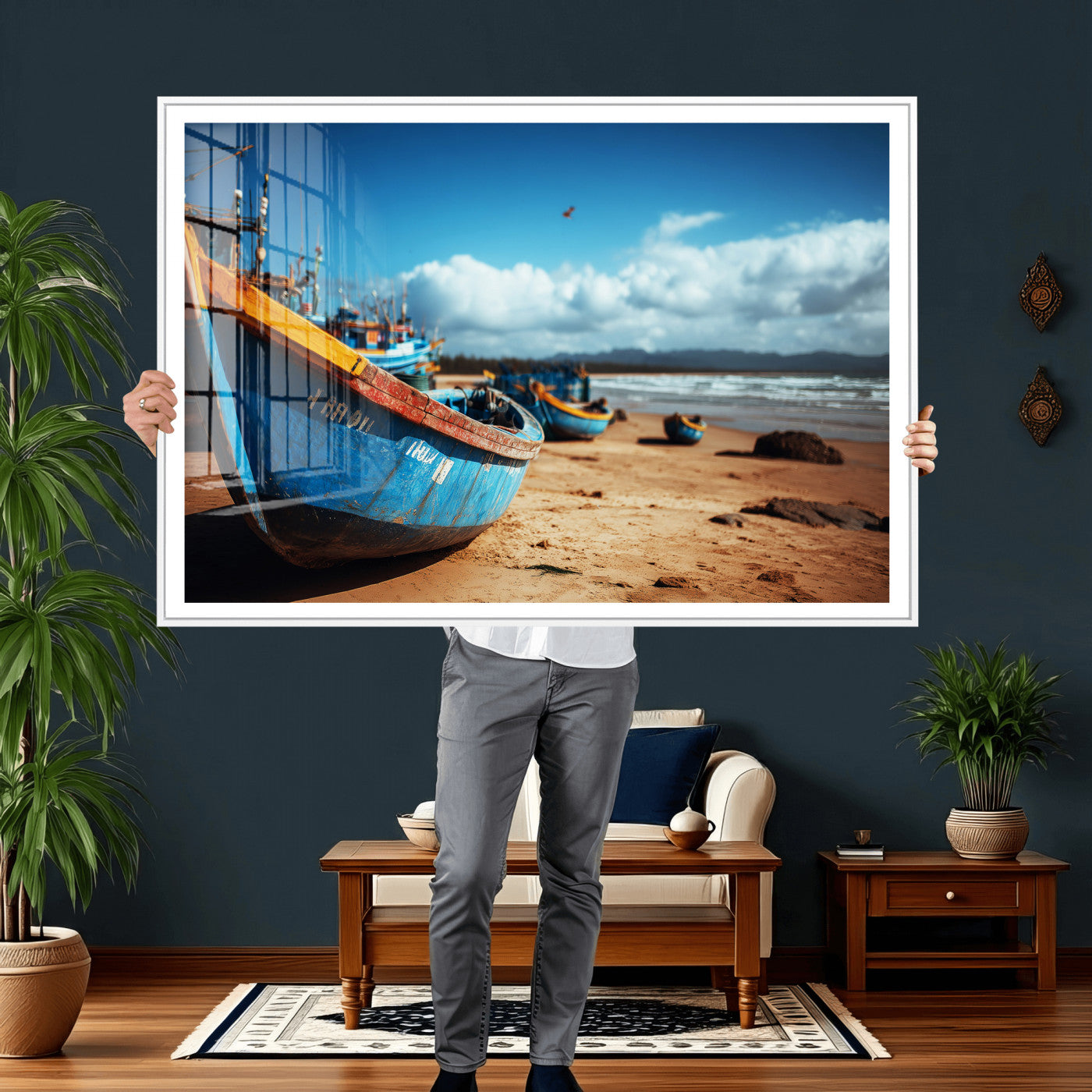 70925201-MGV-CV-36X24 - Fishing Boats Wall Art Canvas Print, Coastal Boat Beach Scene, Nautical Seaside Artwork, Ocean Shore Decor, Coastal Home Wall Art