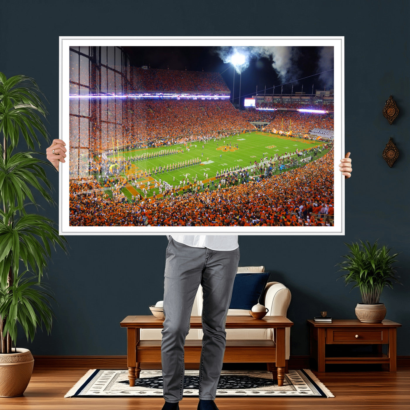 43662631-MGV-CV-36X24 - Clemson Football Stadium Wall Art Canvas Print, College Football Crowd Night Game Scene, Orange Stadium Panorama Wall Decor