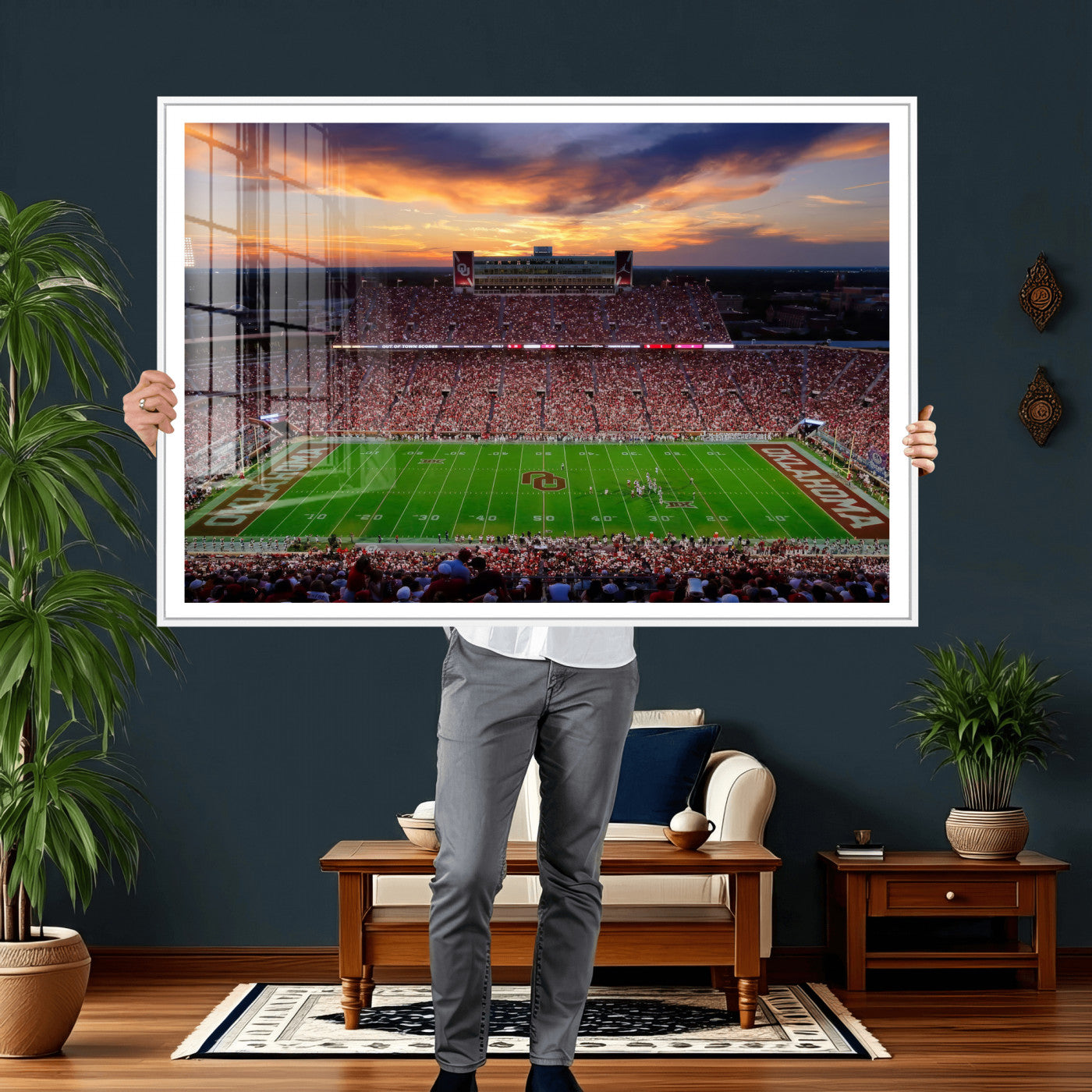 51457497-MGV-CV-36X24 - Oklahoma Sooners Stadium Wall Art Canvas Print, College Football Sunset Game Scene, OU Football Field Panorama Wall Decor