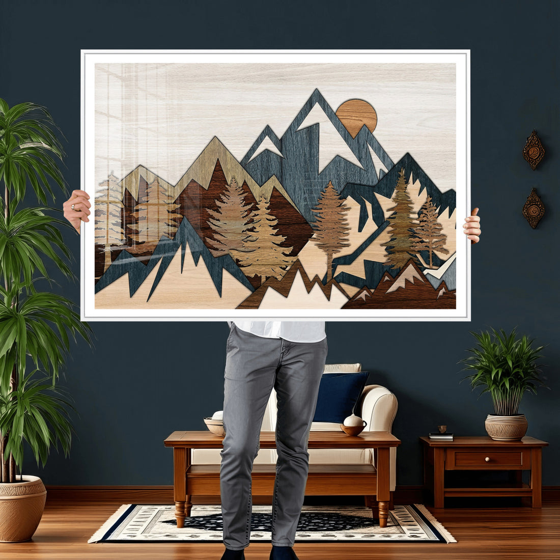 Wood Style Mountain Wall Art Canvas Print, Layered Wood Landscape Artwork
