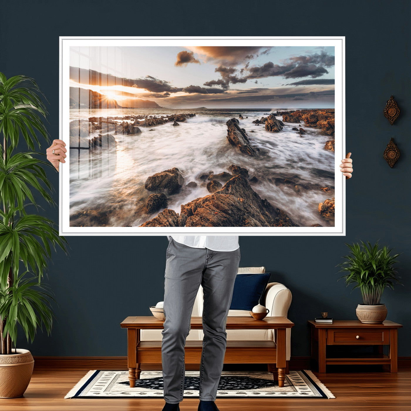 66746024-MGV-CV-36X24 - Rocky Coast Ocean Sunset Wall Art Canvas Print, Dramatic Seascape Nature Wall Decor for Living Room and Office