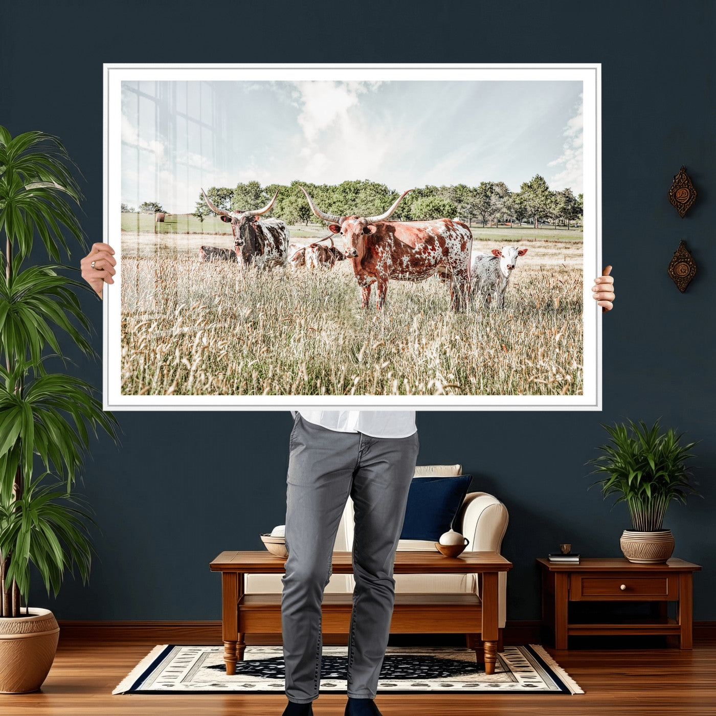 21823552-MGV-CV-36X24 - Texas Longhorn Cattle Wall Art Canvas Print, Rustic Ranch Landscape Artwork, Western Farm Field Scene, Country Prairie Animal Canvas Wall Art