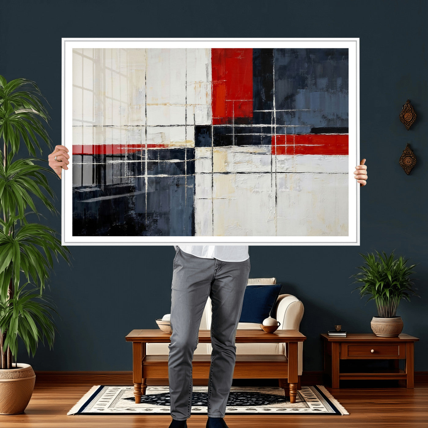 44088165-MGV-CV-36X24 - Navy Red Abstract Wall Art Canvas Print, Modern Luxury Geometric Painting Wall Decor for Living Room and Office