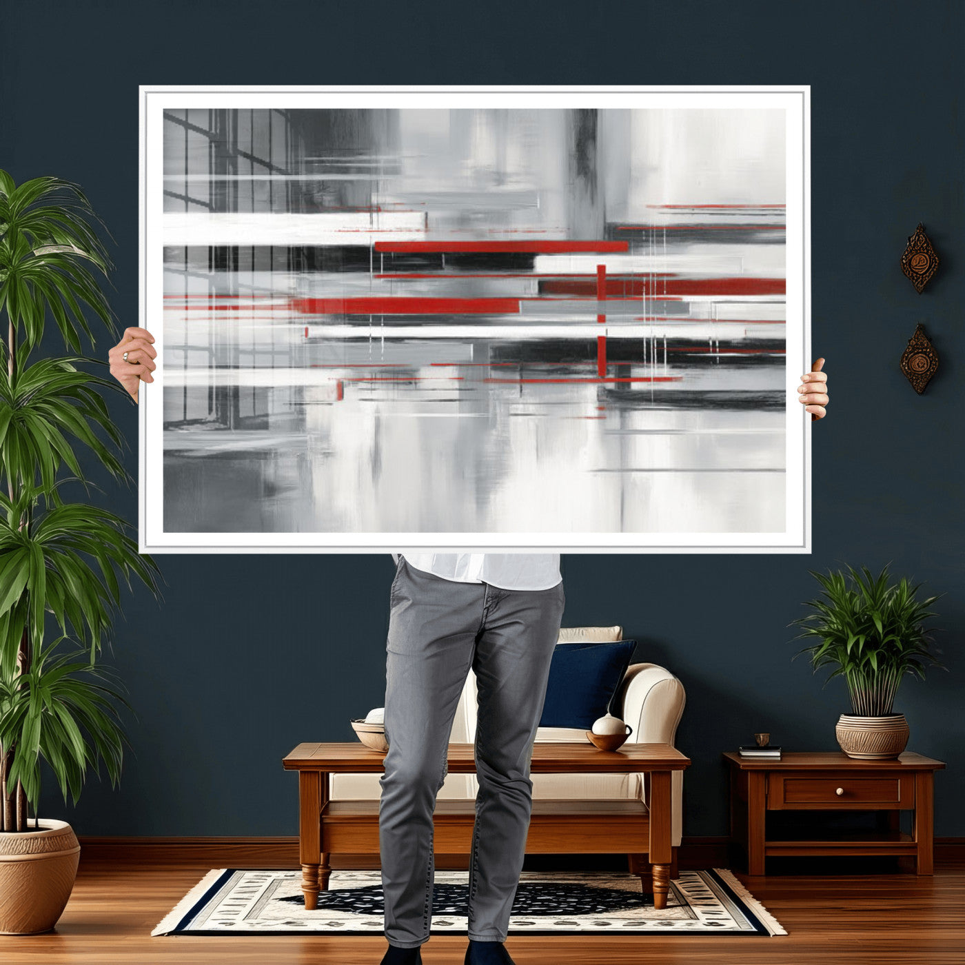 62640681-MGV-CV-36X24 - Gray Red Abstract Wall Art Canvas Print, Modern Abstract Canvas Wall Decor for Contemporary Living Room and Office