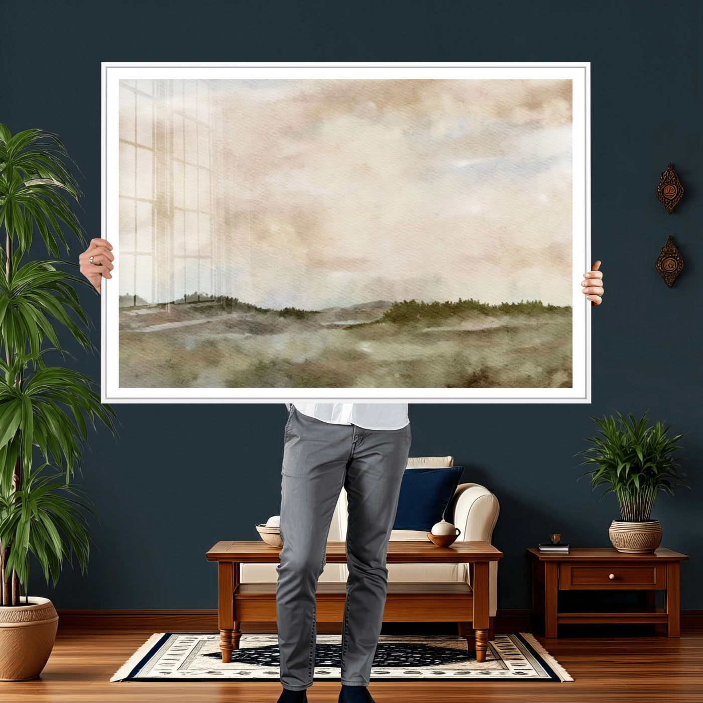 13578069-MGV-CV-36X24 - Abstract Landscape Wall Art Canvas Print, Watercolor Pastoral Landscape Painting Wall Decor for Modern Farmhouse Interiors