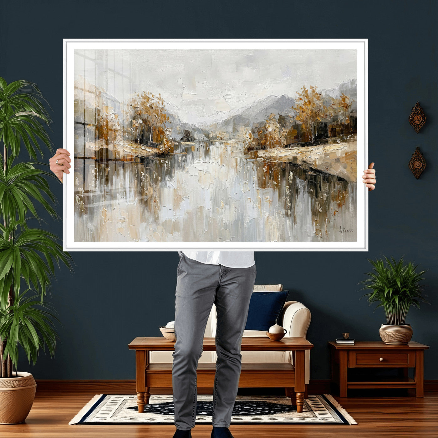 78227690-MGV-CV-36X24 - Neutral Abstract Lake Landscape Wall Art Canvas Print, Modern Minimal River Reflection Canvas Print, Beige Gray Contemporary Nature Art Printing