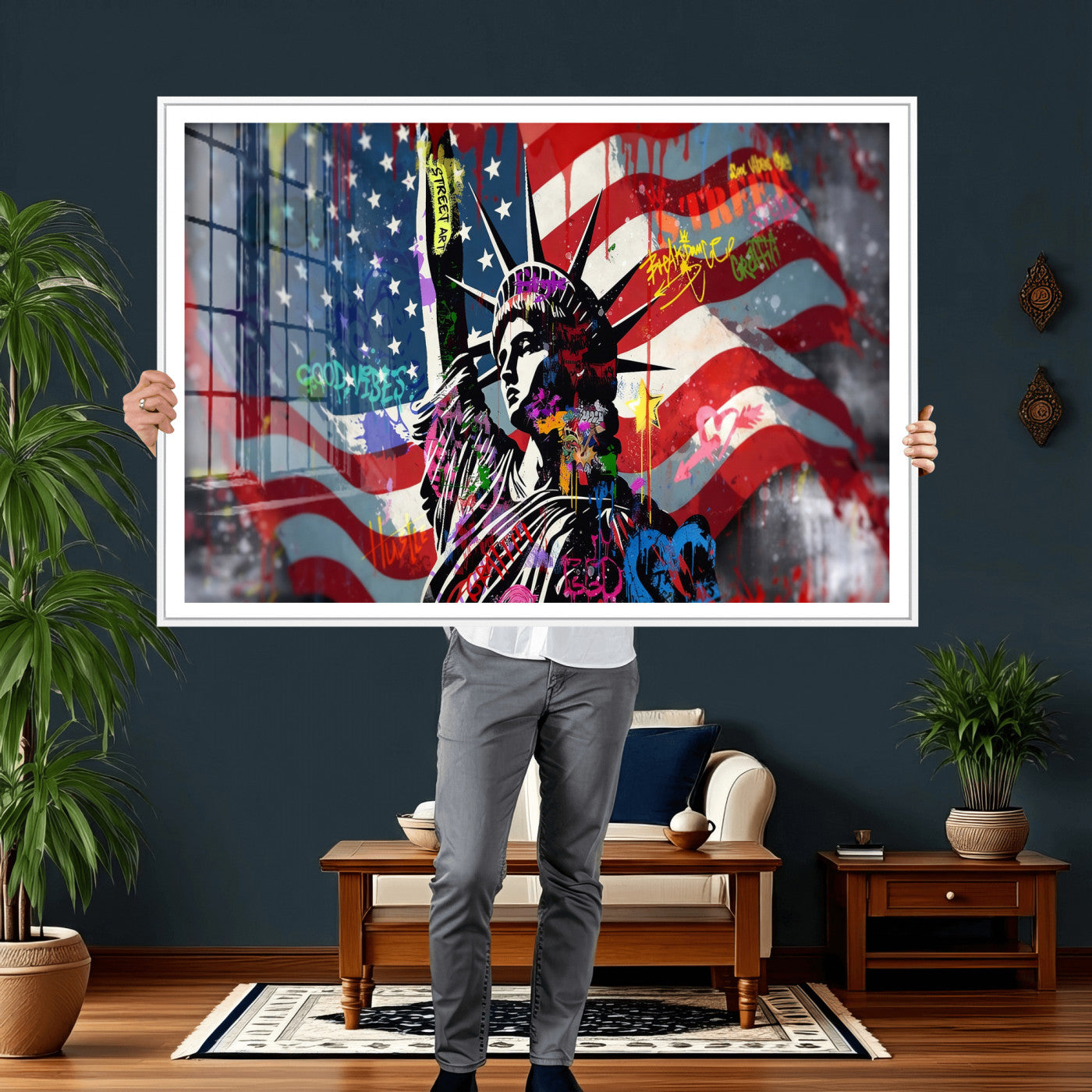 32151941-MGV-CV-36X24 - USA Statue of Liberty Graffiti Street Art Wall Art Canvas Print, American Flag Urban Pop Art Canvas Print, Modern Patriotic Street Art Contemporary Art Printing