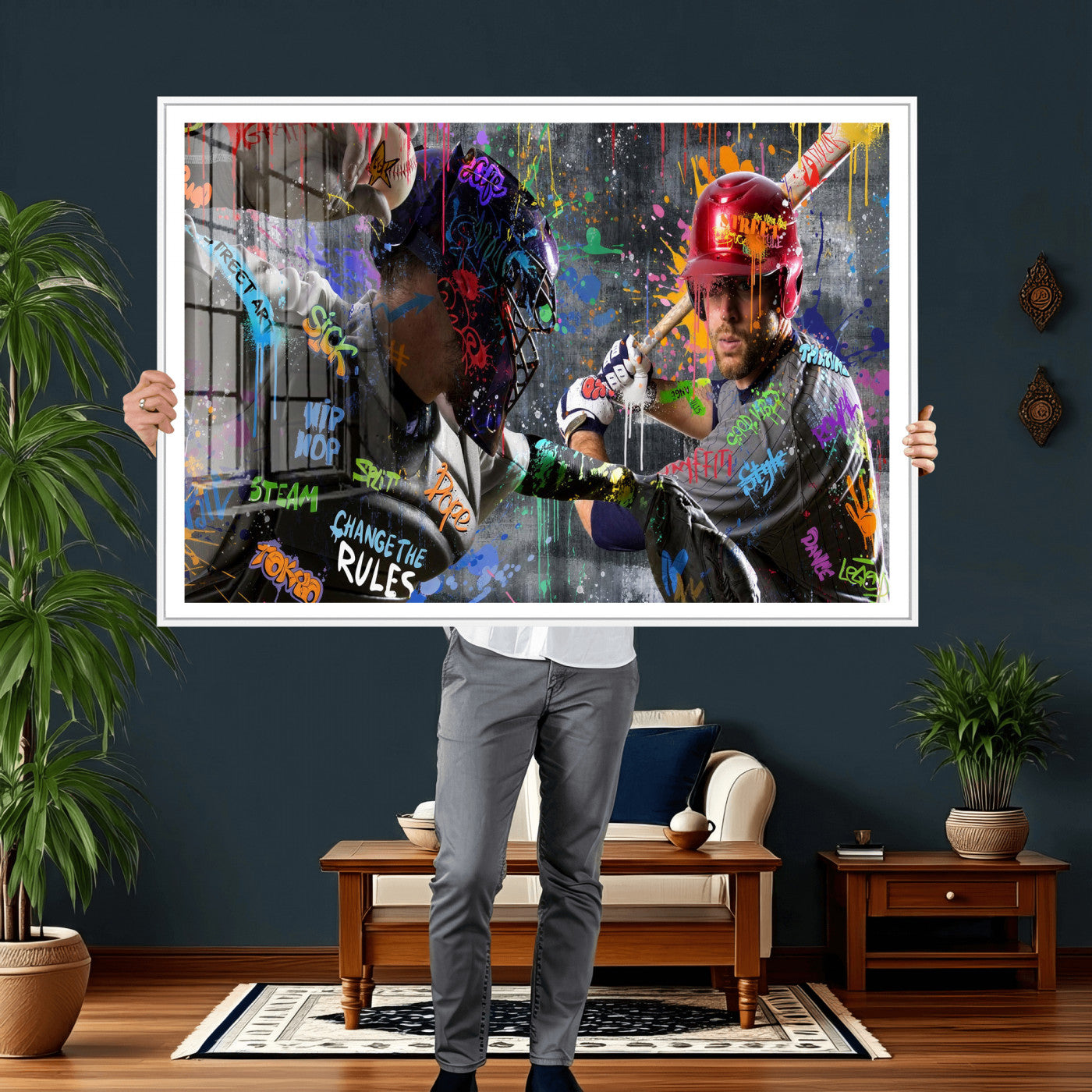 19634994-MGV-CV-36X24 - Graffiti Baseball Player Street Art Wall Art Canvas Print, Urban Sports Pop Art Baseball Canvas Print, Modern Athletic Graffiti Contemporary Art Printing