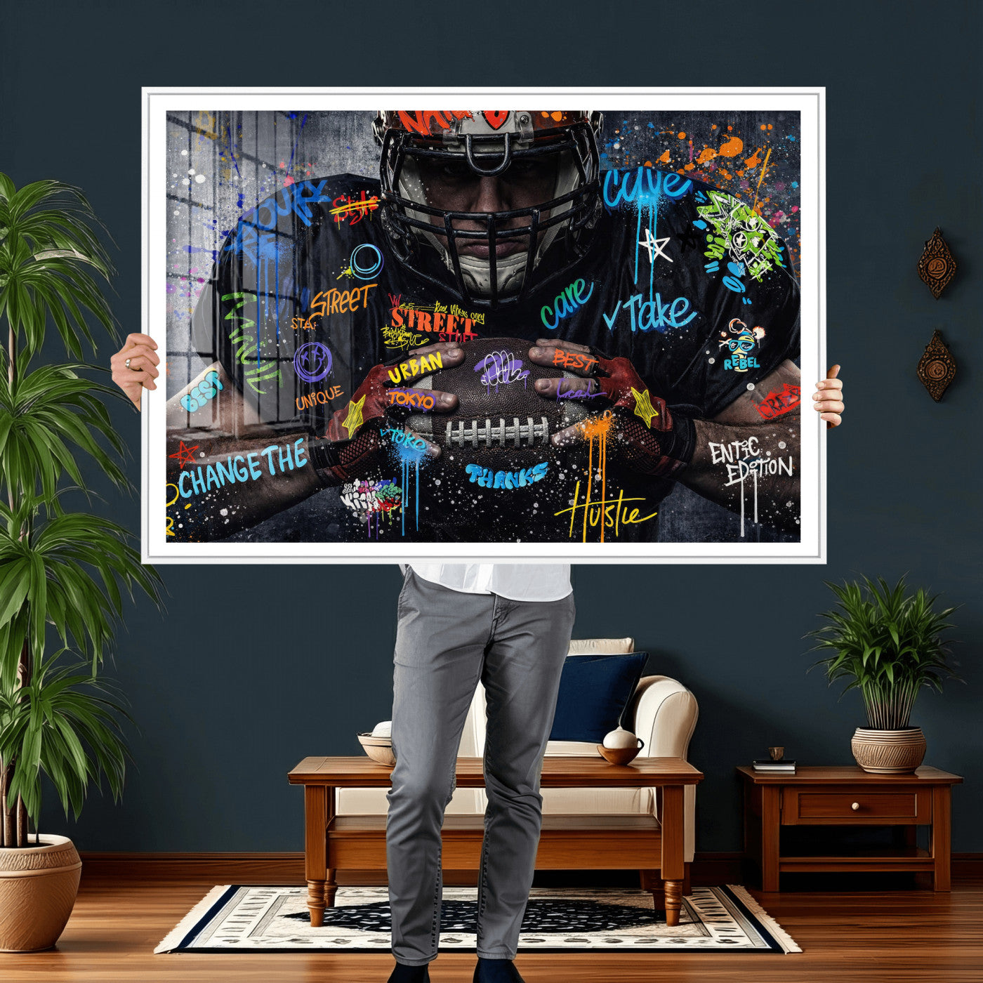 55267256-MGV-CV-36X24 - Graffiti American Football Player Street Art Wall Art Canvas Print, Urban Sports Pop Art Football Canvas Print, Modern Athletic Graffiti Contemporary Art Printing