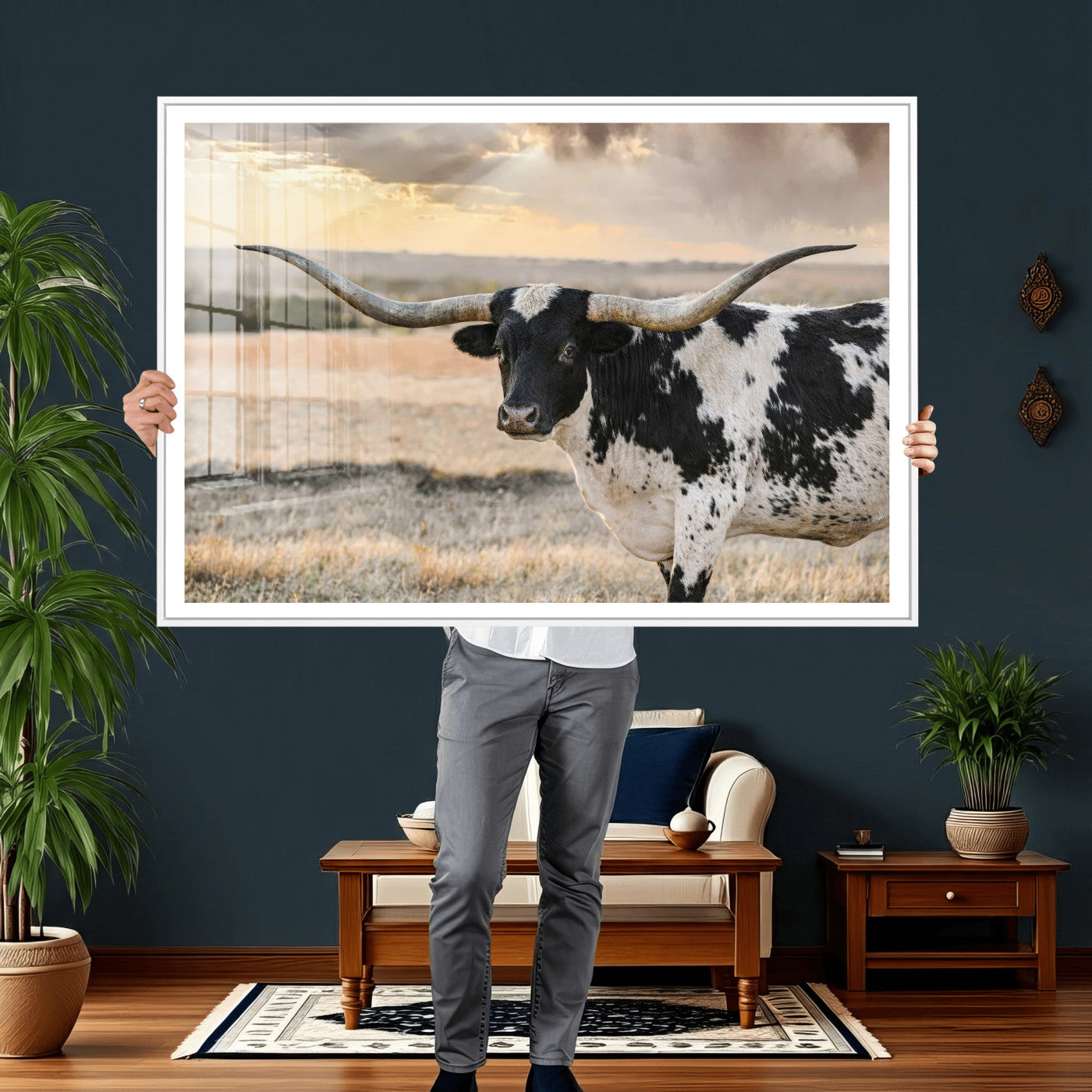 49350433-MGV-CV-36X24 - Texas Longhorn Bull Rustic Wall Art Canvas Print, Western Cattle Photography Canvas Print, Ranch Farm Animal Western Art Printing