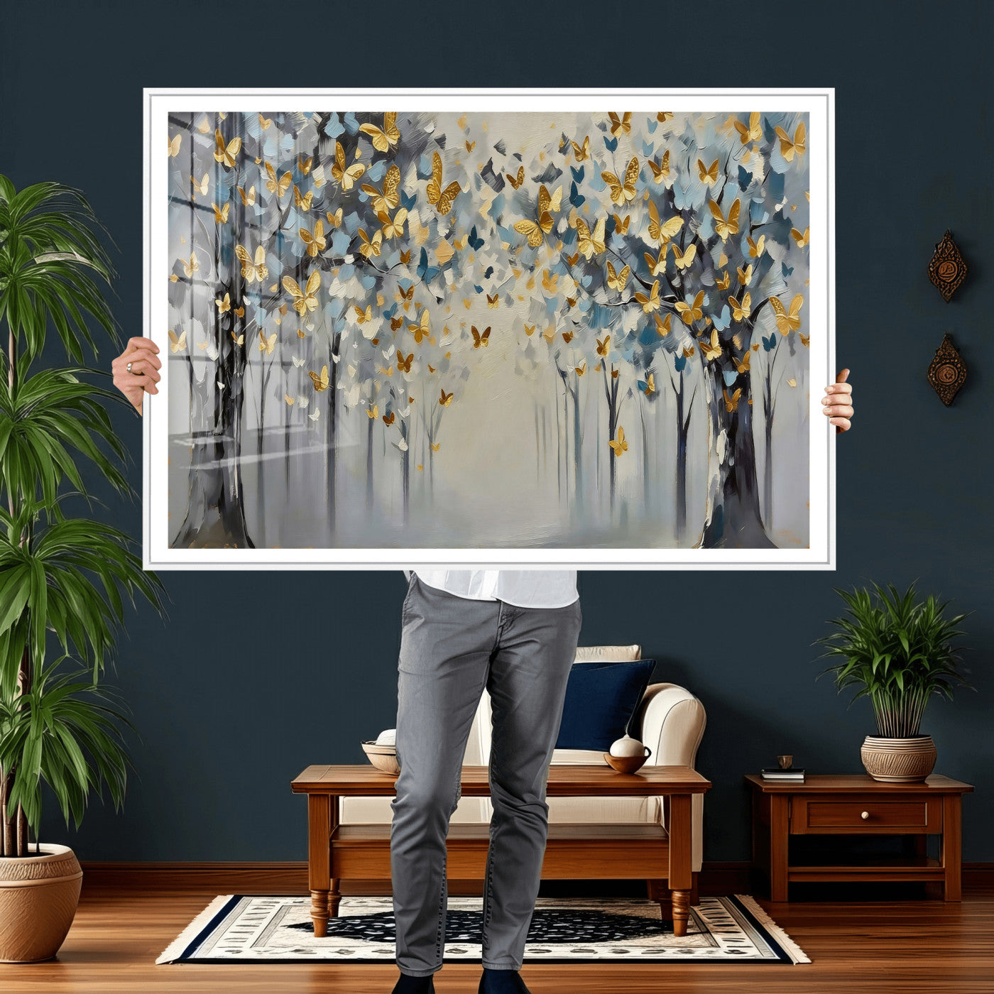 79208191-MGV-CV-36X24 - Golden Butterfly Tree Abstract Wall Art Canvas Print, Modern Elegant Nature Painting Canvas Print, Blue Gold Contemporary Floral Art Printing